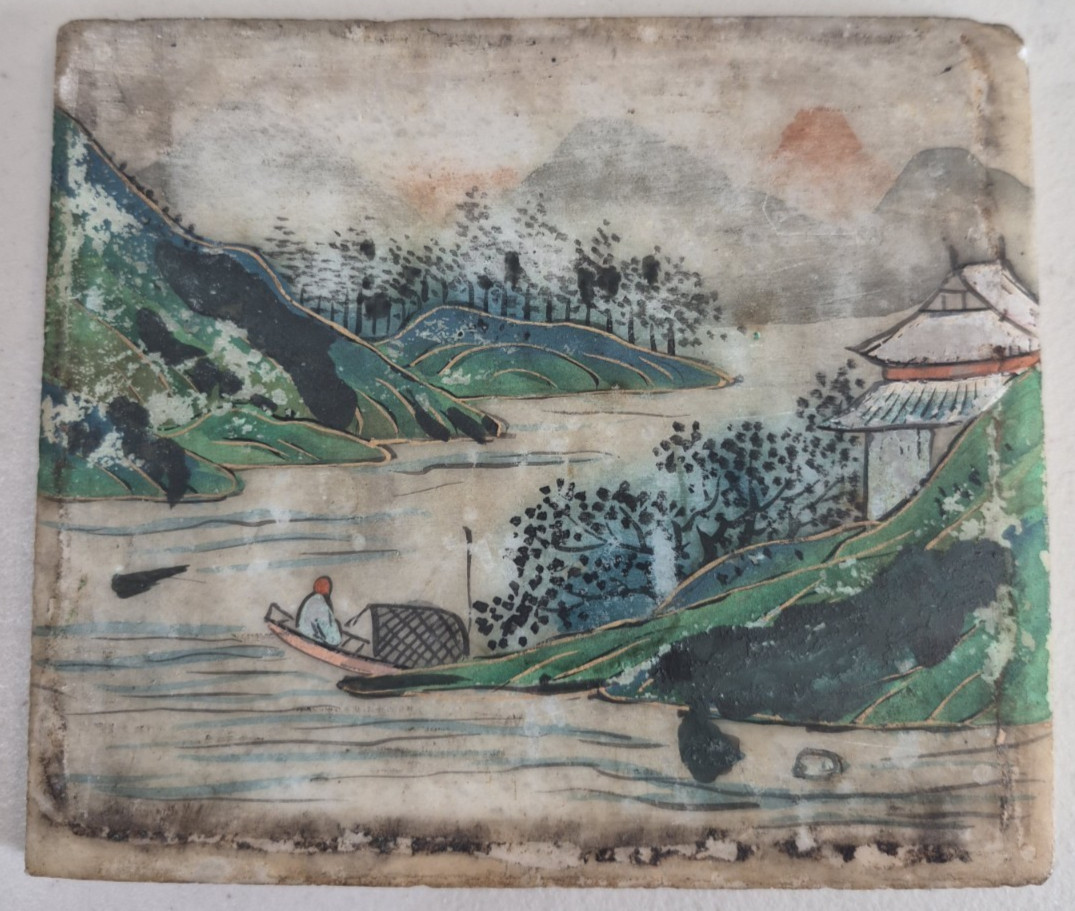 Antique Chinese Hand Painted Landscape Traditional Attire On Hard Slab Of Stone