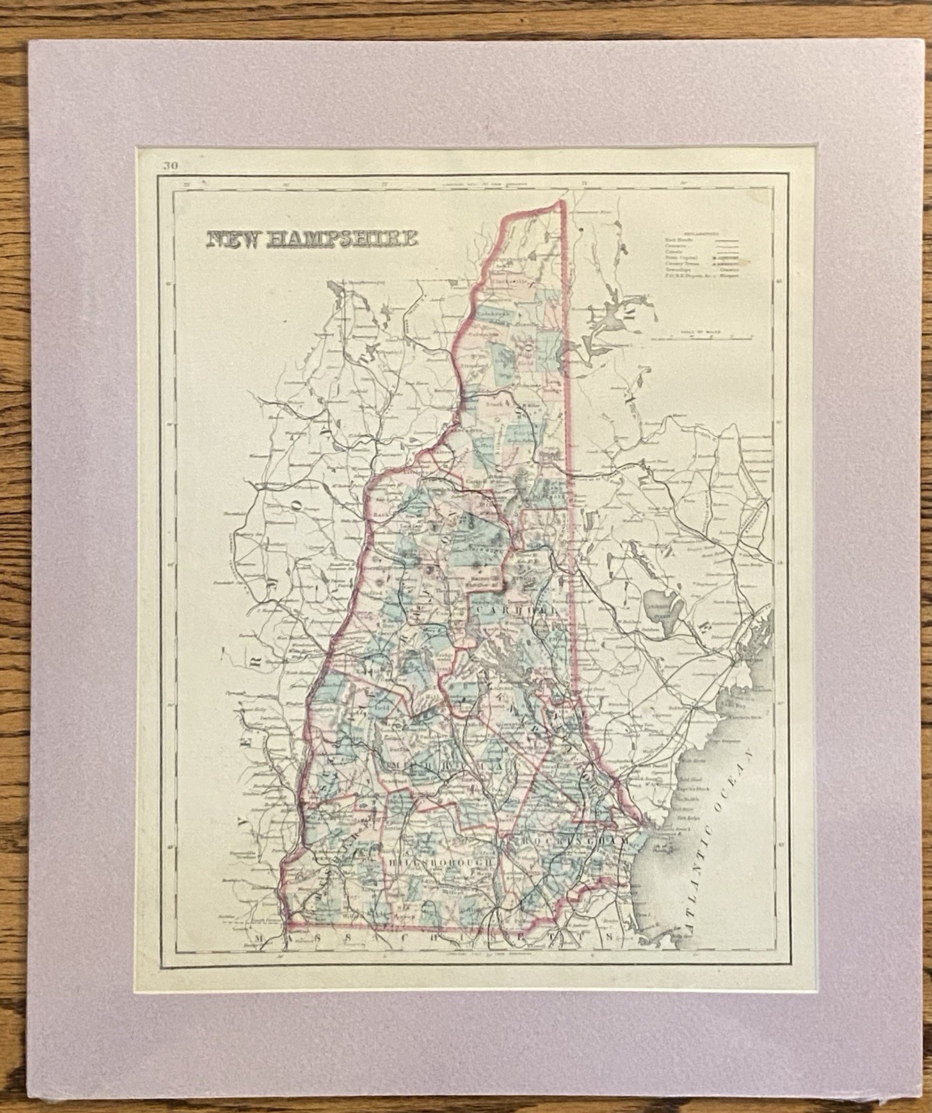 Antique Map [1855, Colton]: American State Of NEW HAMPHIRE ANTIQUE MAP USA