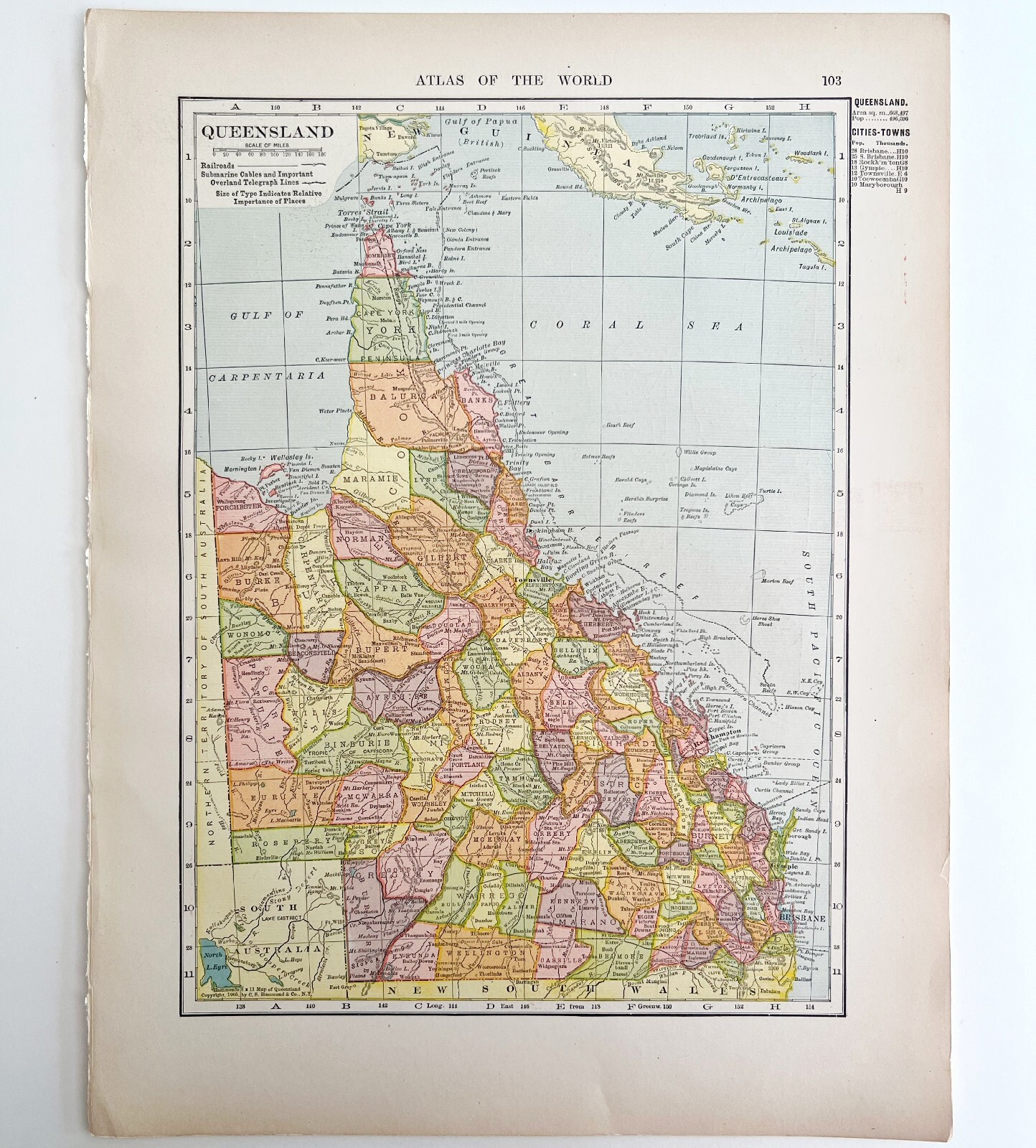 Queensland Australia Map Lithograph 1909 Hammond Oceania Print LGADMap