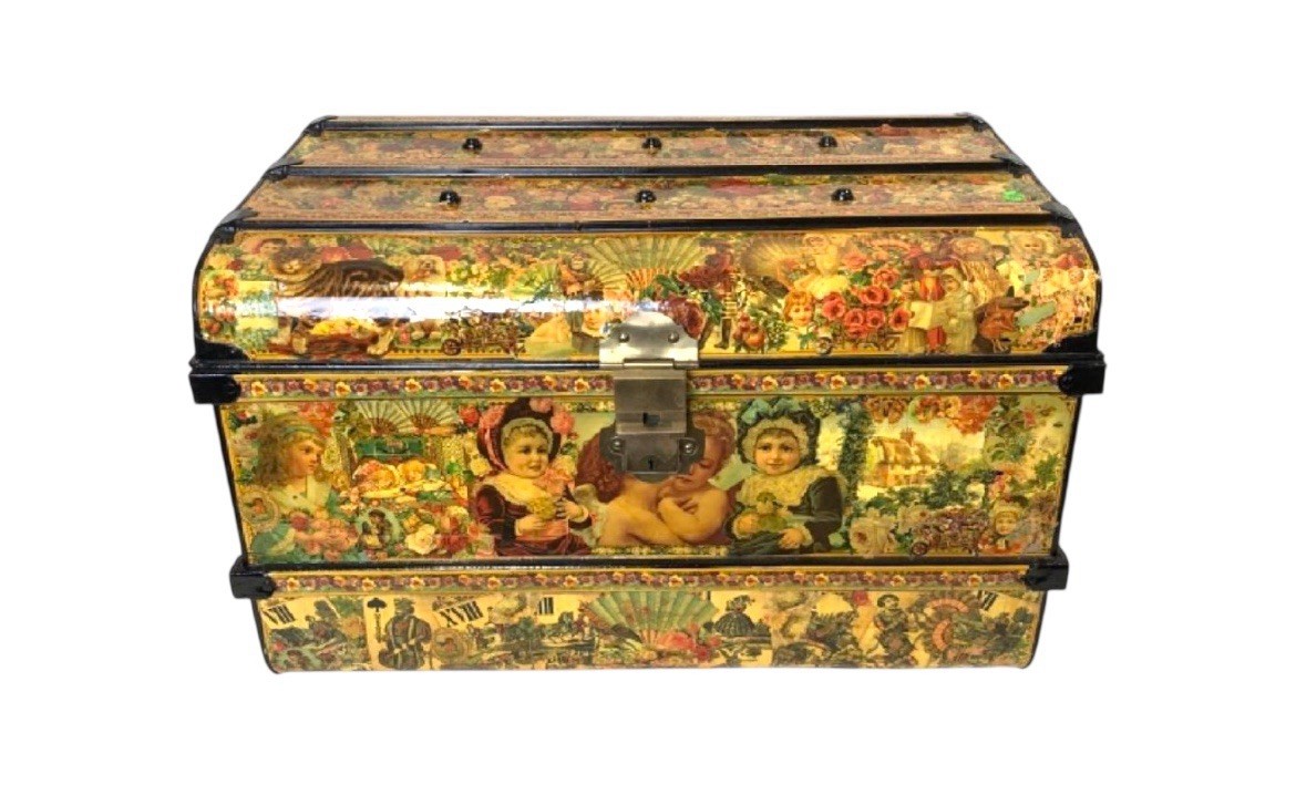 Antique J.L & Co. Victorian Decoupage Winter / Christmas Large Metal Chest Trunk