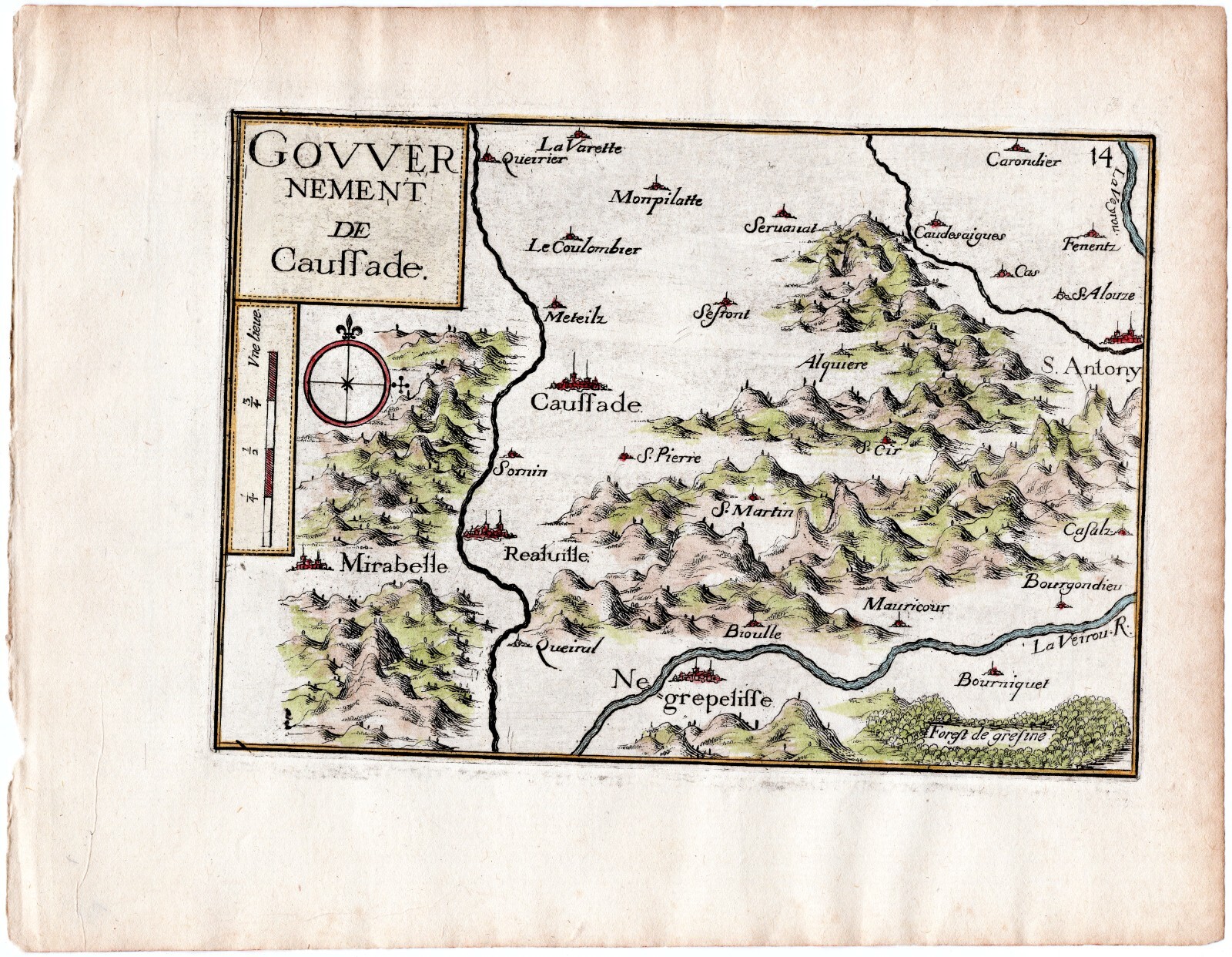1634 Nicolas Tassin Map Caussade, Negrepelisse, Mirabel, Montricoux, France