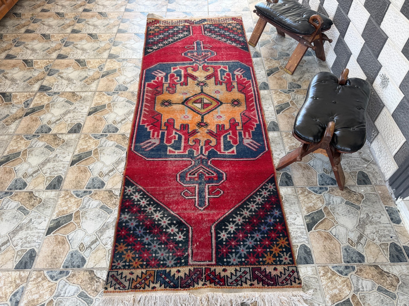 Distressed Turkish Runner Rug Vintage Handknotted Tribal Accent Boho Wool 3×8 ft