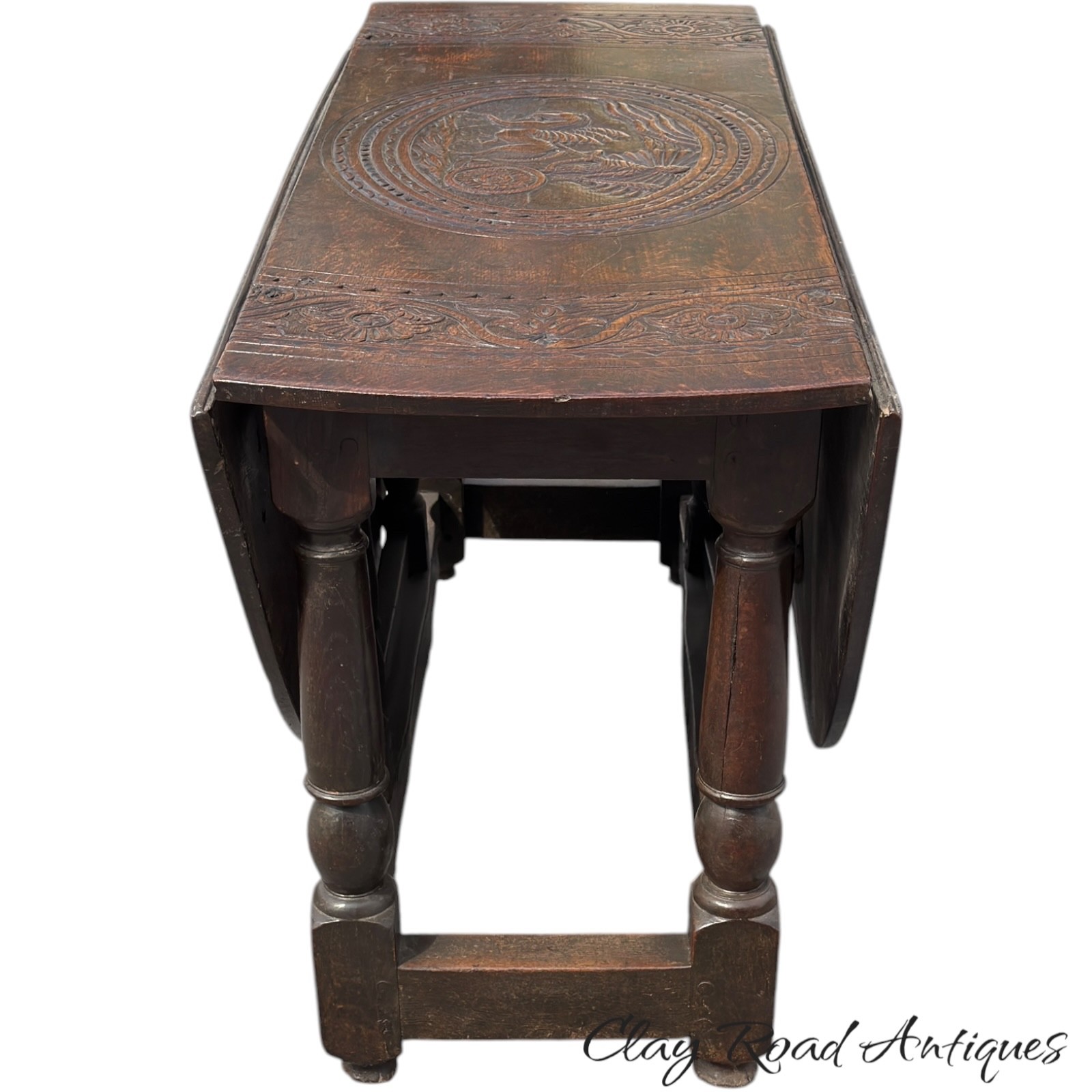 antique 18th Oak gate leg table stretcher base farm house William Mary pegged