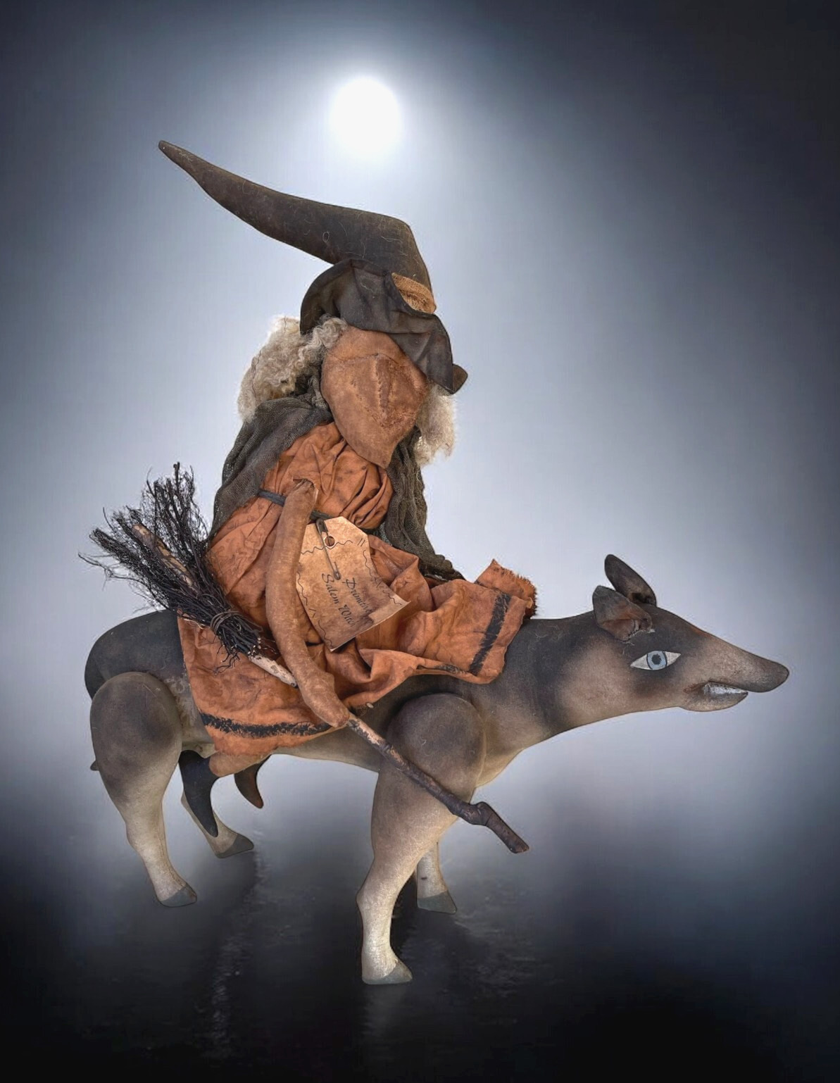 VTG Halloween Primitive Salems Ride sculpture Witch on Wolf Folk Art OOAK