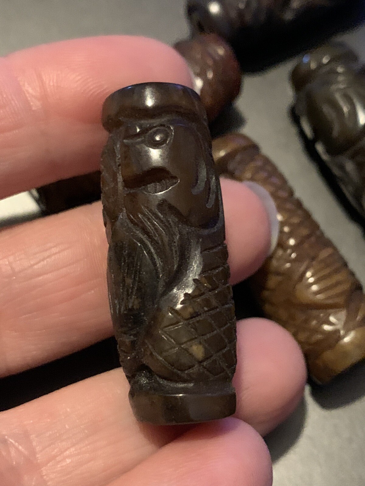 Vintage Carved Chinese Bead Brown Serpentine Dragon Tube Shape Bead 38mm x 14mm