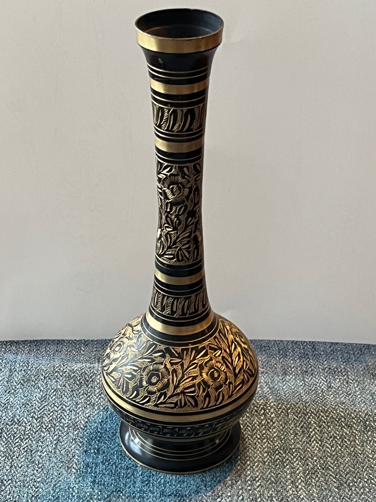 VINTAGE BRASS VASE BLACK & GOLD ETCHED INTRICATE FLORAL DESIGN-Hand Crafted