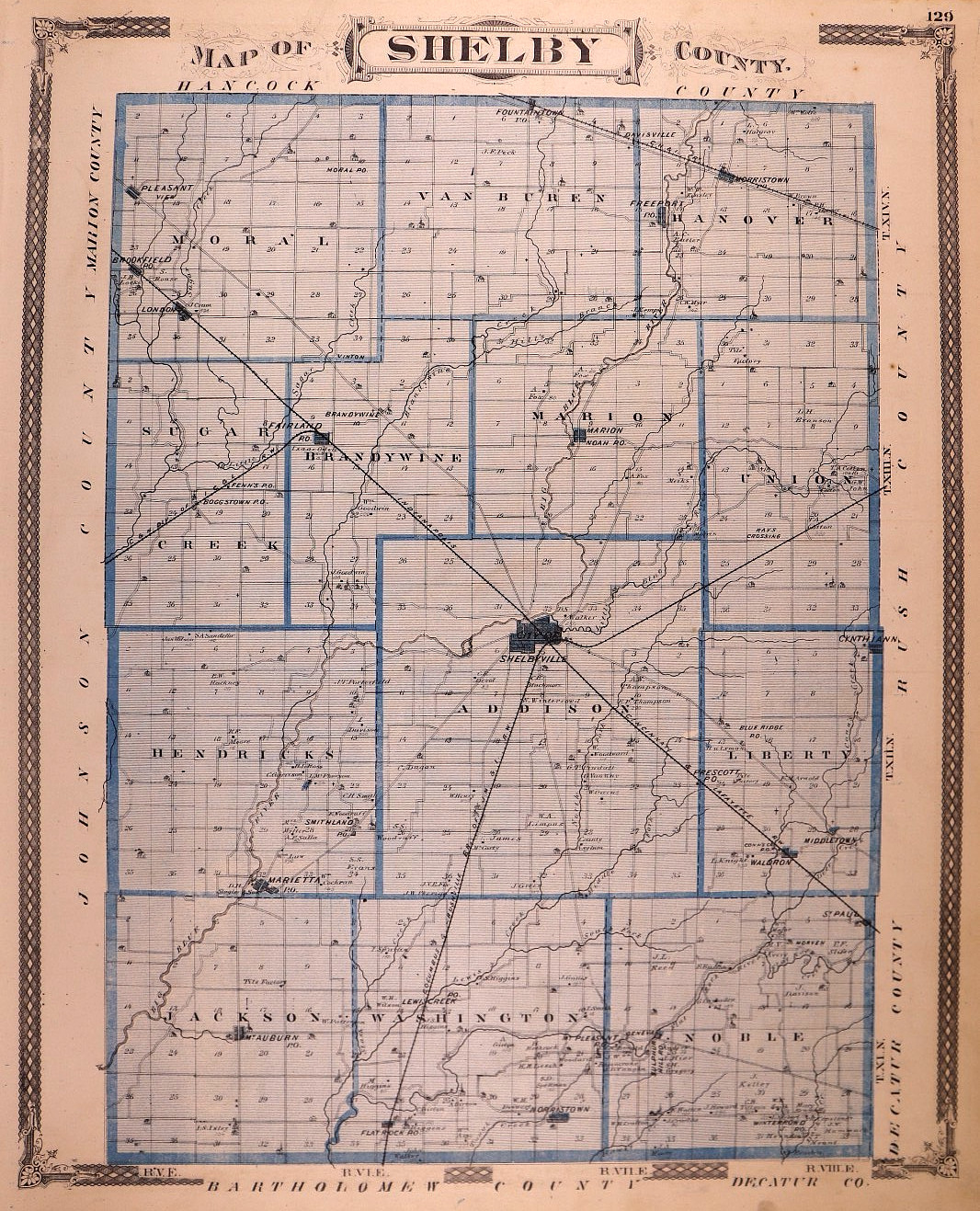1876 Plat Map ~ SHELBY Co., INDIANA / RUSH Co. on Reverse