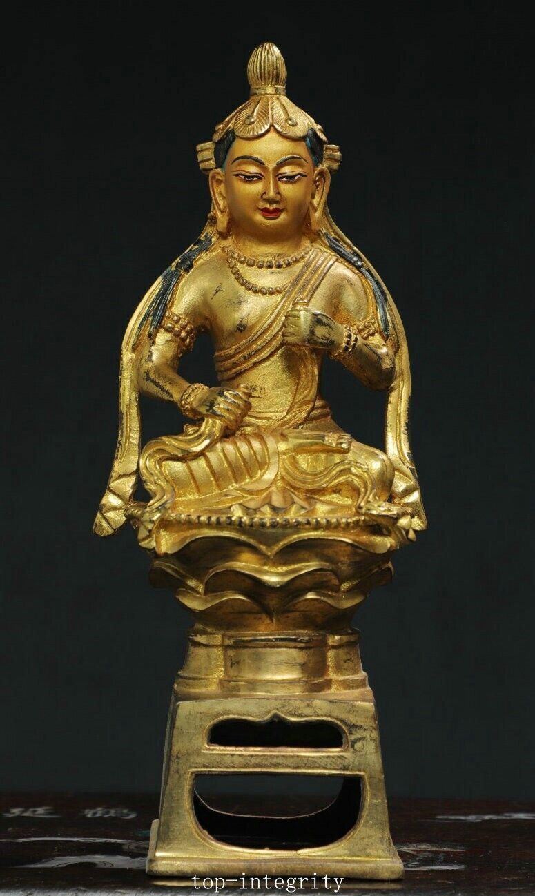 9.4″ Tibet Pure Bronze Gild Painting Kwan-yin Bodhisattva Goddess Statue