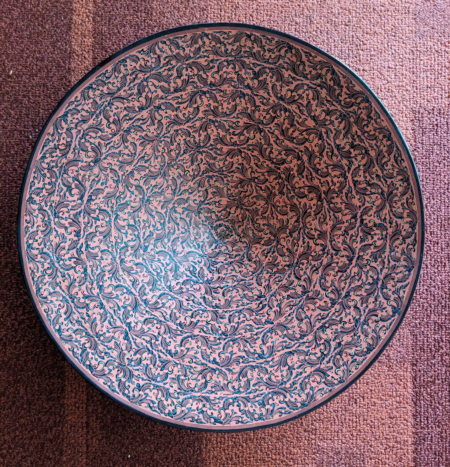 Large Intrcately Decorated Burmese Hand Lacquered Bowl, 15″