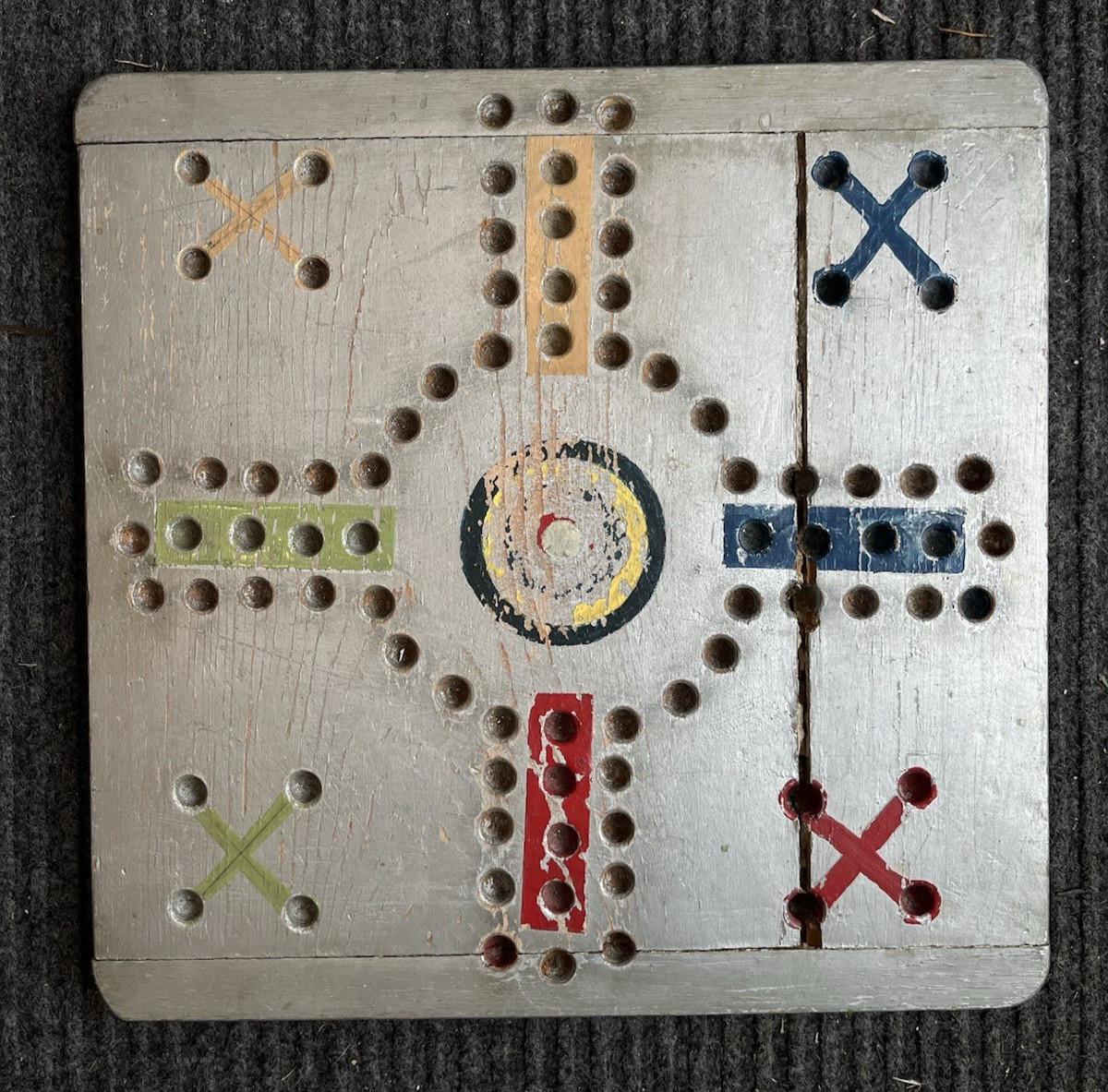 Antique 1930s Parcheesi Game Board Checkerboard Folk Art Modern Outsider