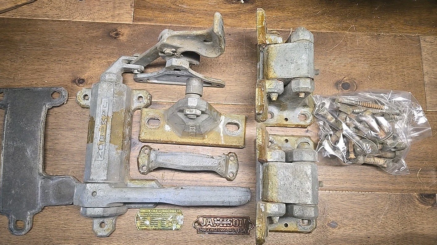Complete Set 1940s Jamison Built Cold Storage Door Hardware Handle Hinges Latch
