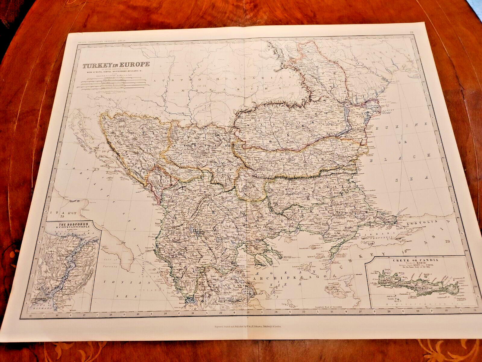 c1879 Large Colour Map Johnston General Atlas Turkey in Europe Romania Serbia