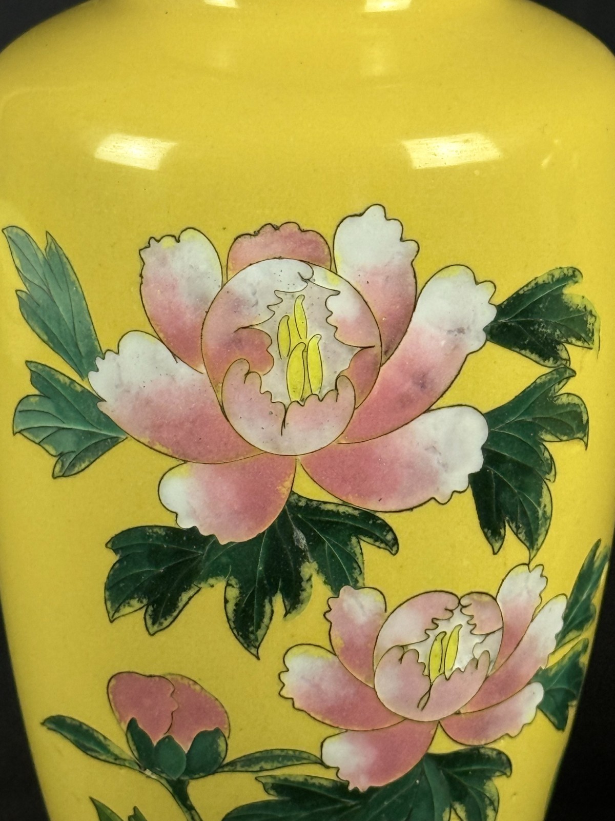 Pair Japanese Cloisonné Vases Akagi Nagoya WWII CPO 1945–50 Yellow Peony 7”