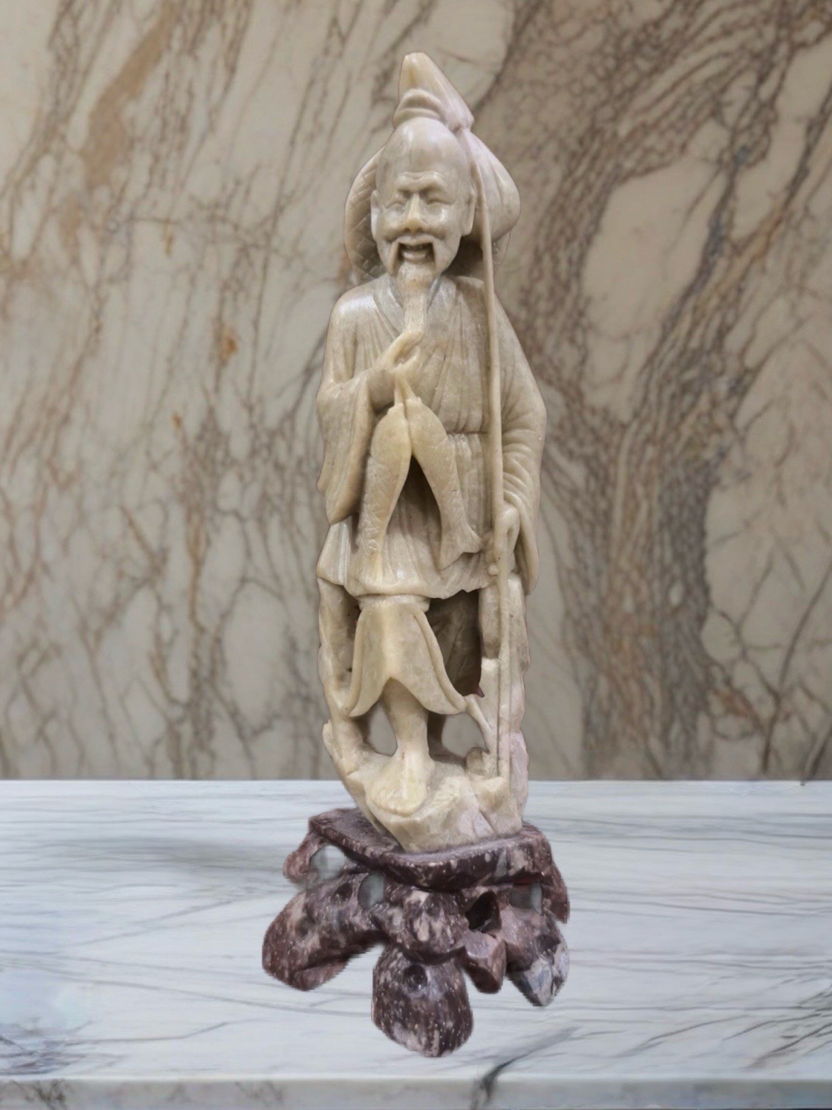 VTG Chinese Hand Carved Soapstone Statue Fisherman Figurine 8” Tall Asian Art
