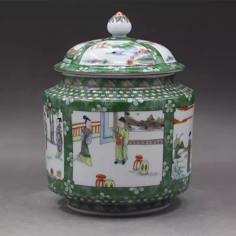 Chinese Jingdezhen Famille Rose Porcelain Pot Character Pattern Tea Caddy 8.1″