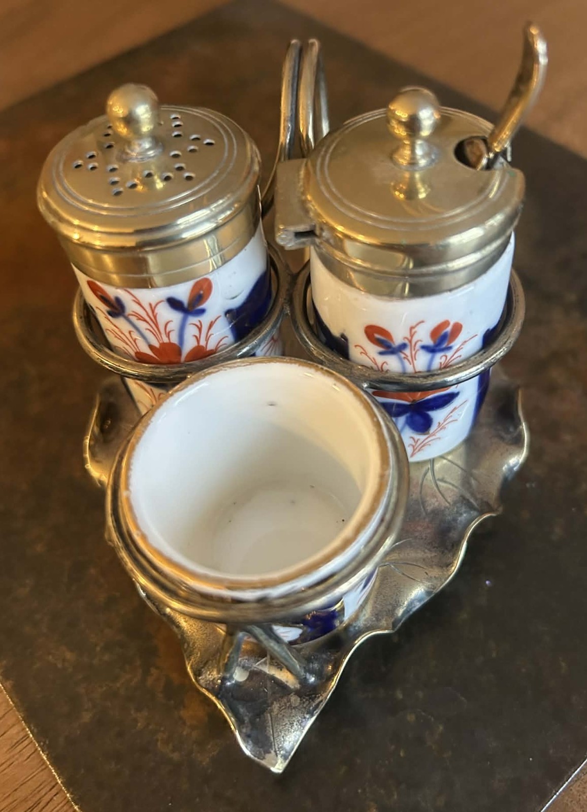 Antique Victorian Napier & Son Silver-Plated 3-Pc Imari Condiment Set | Pattern