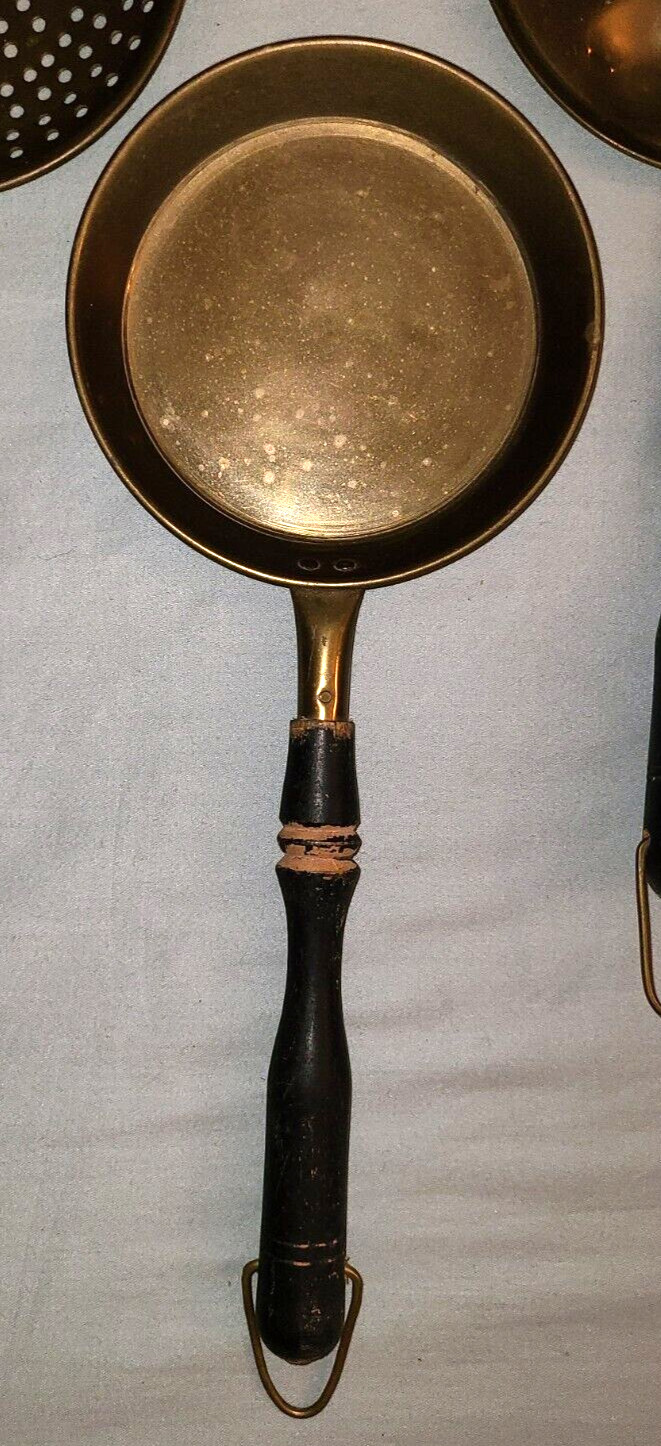 Antique country primitive set – brass egg poacher, pan, strainer w wood handles