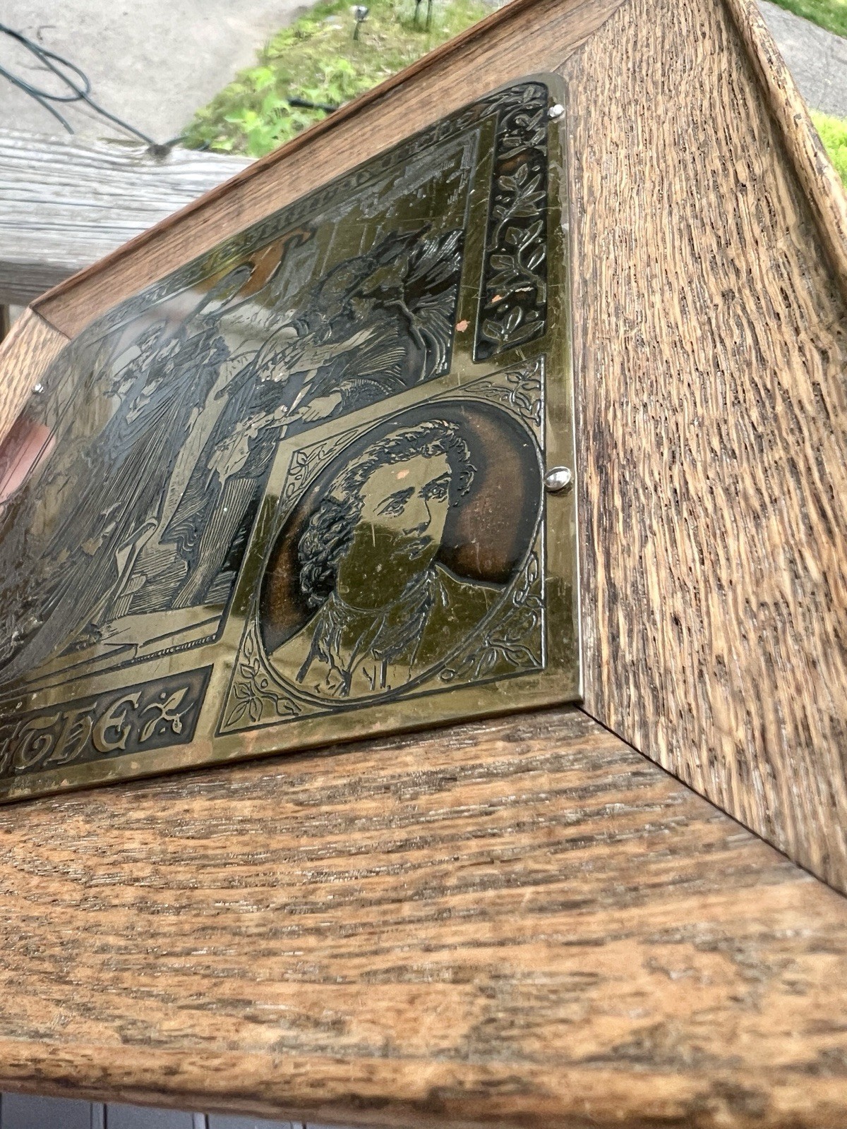 1900 Faust & Margarete Goethe Raised Relief Brass plaque And Oak Woof Antique