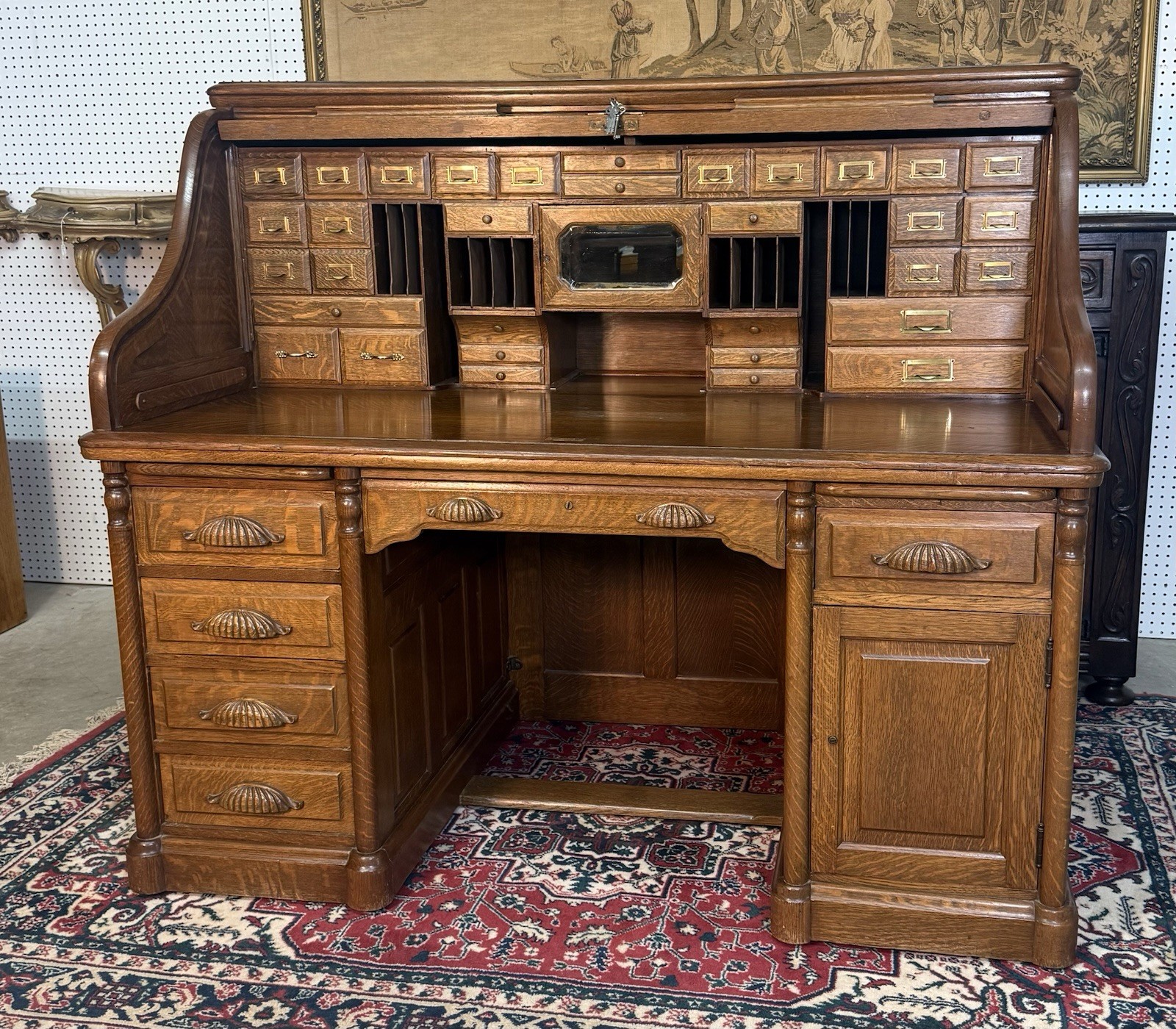 Antique American S Curve Golden Oak 60″ Shelbyville Co Roll Top Desk Circa 1900