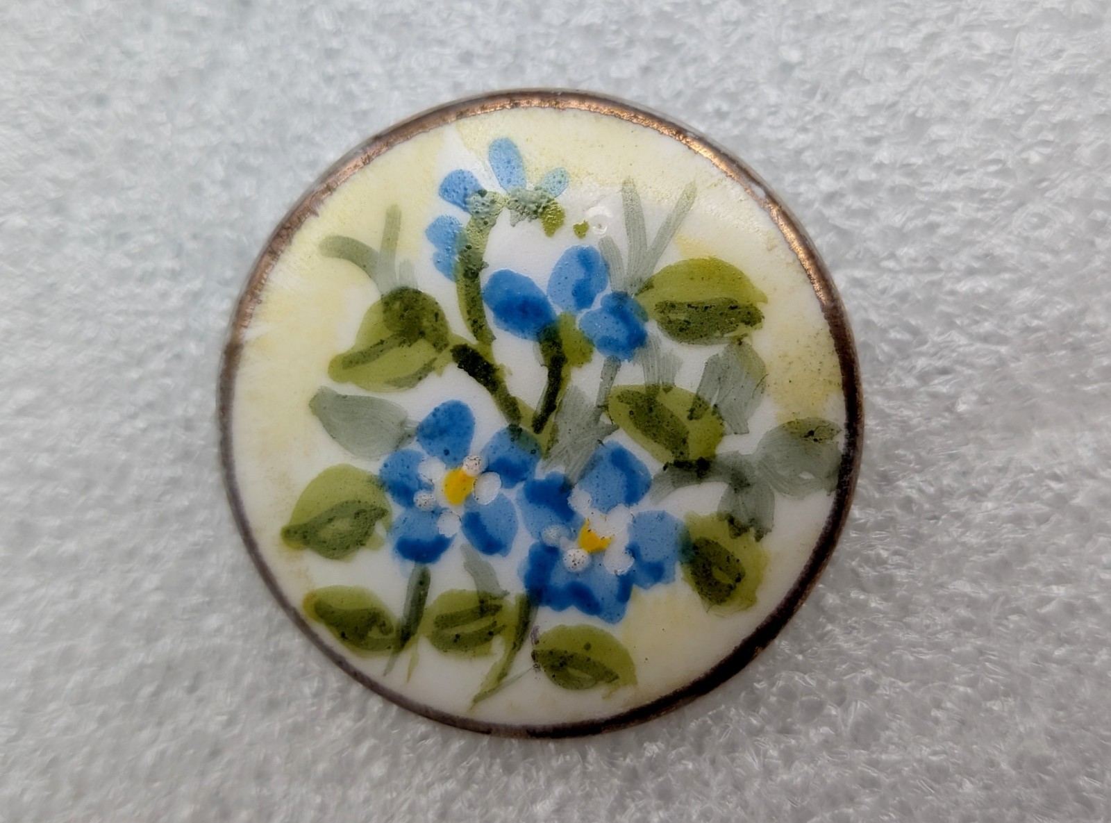 Antique Porcelain Stud Button Blue Forget-Me-Not Hand Painted Unmarked 1″
