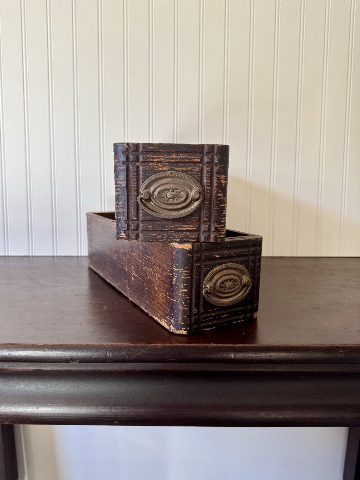Antique Wood Decorative Wooden Sewing Machine Drawers, Two Rustic Storage Boxes