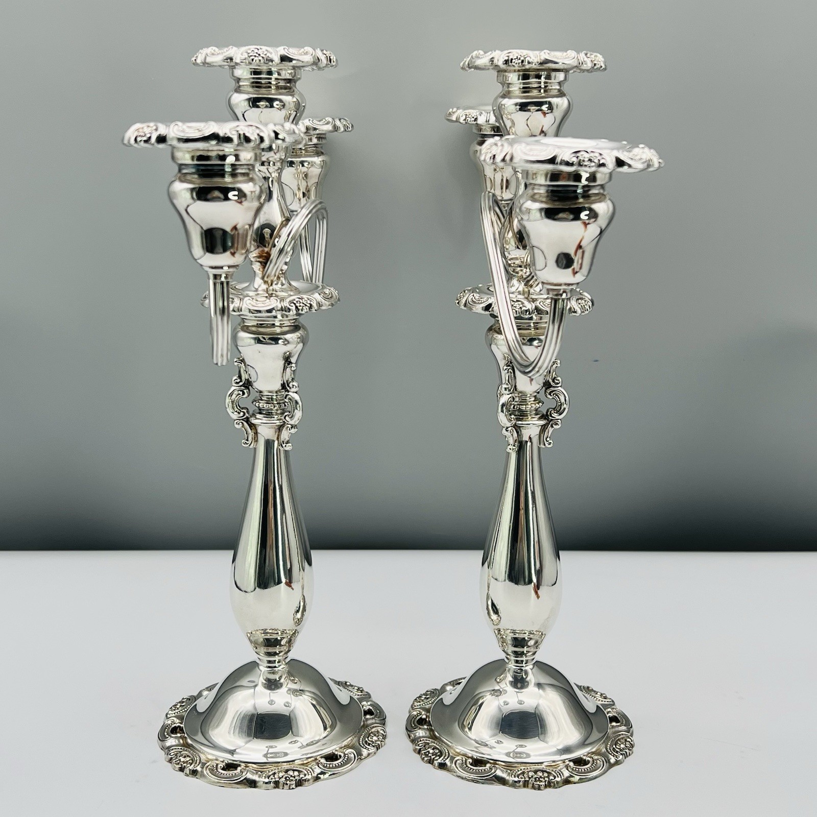 Set 2 BAROQUE 3-light Candelabra WALLACE SILVERPLATE 13″ 14″ CONVERTIBLE 5-lb Pr