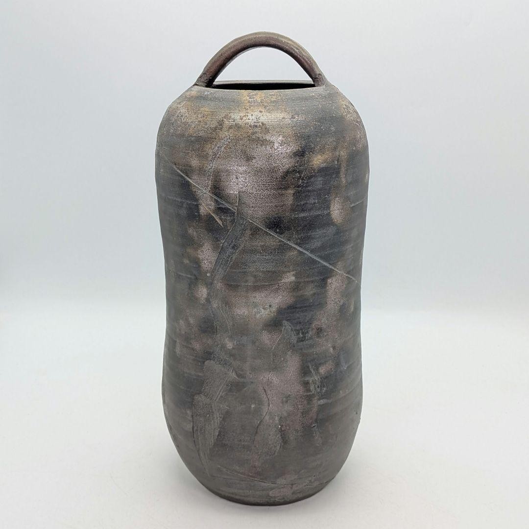 Yuzuki Bizen Ware Handled Flower Vase Hanaire Tea Ceremony Japan gray