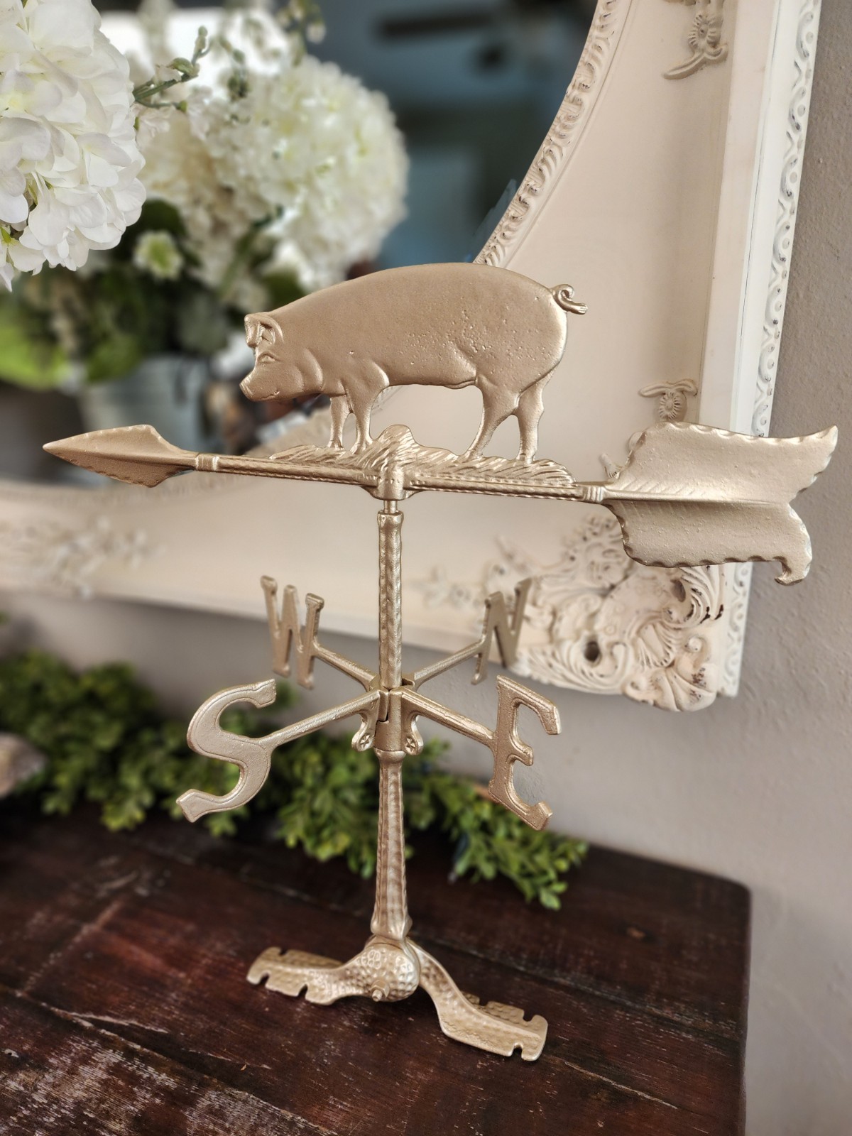 Fancy Vintage Gilt Cast Metal Pig Weather Vane Adjustable Mount Farmhouse Decor