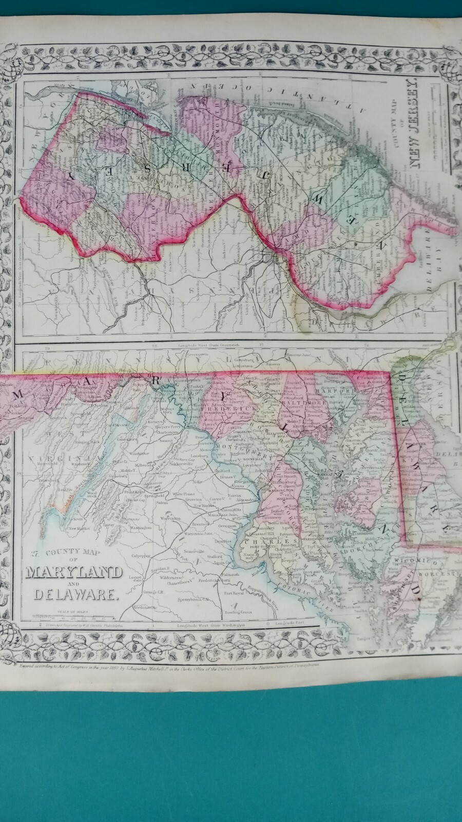 1867 County Map of New Jersey & County Map of Maryland and Delaware hand-colored