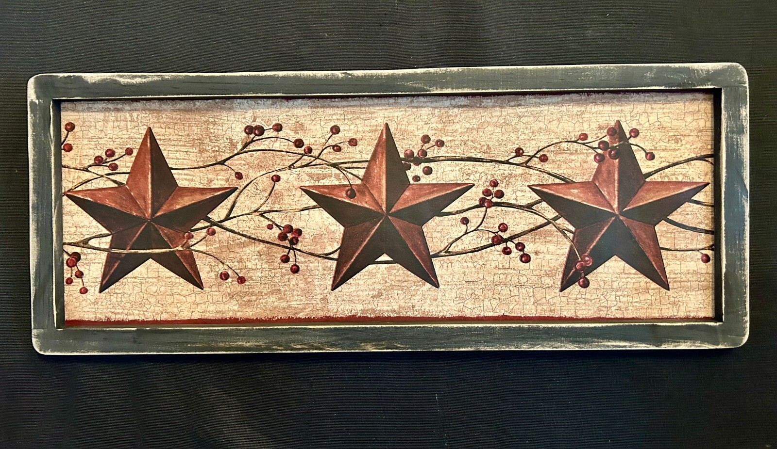 PRIM COUNTRY PRNT 3-Rustic Burgundy Stars w/ pip berries black frame 8.5″x20.5″