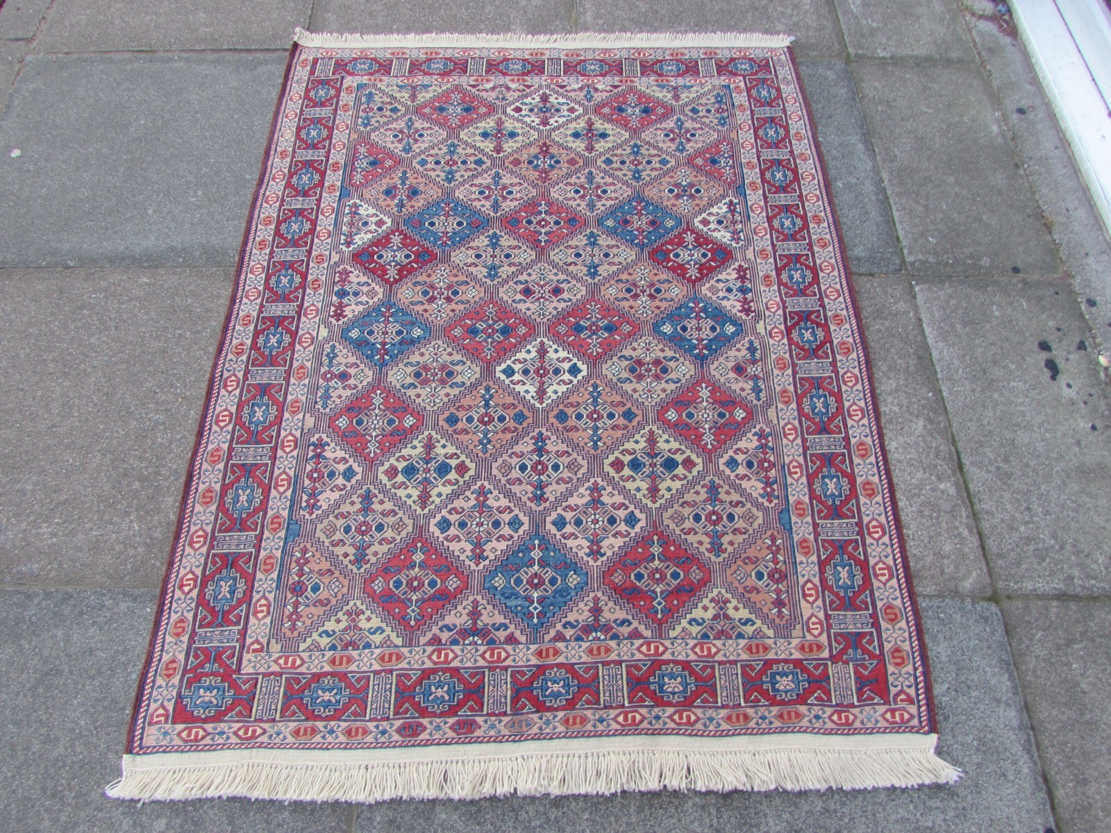 Vintage Traditional Hand Made Oriental Wool Red Blue Small Sumac Kilim 143x111cm
