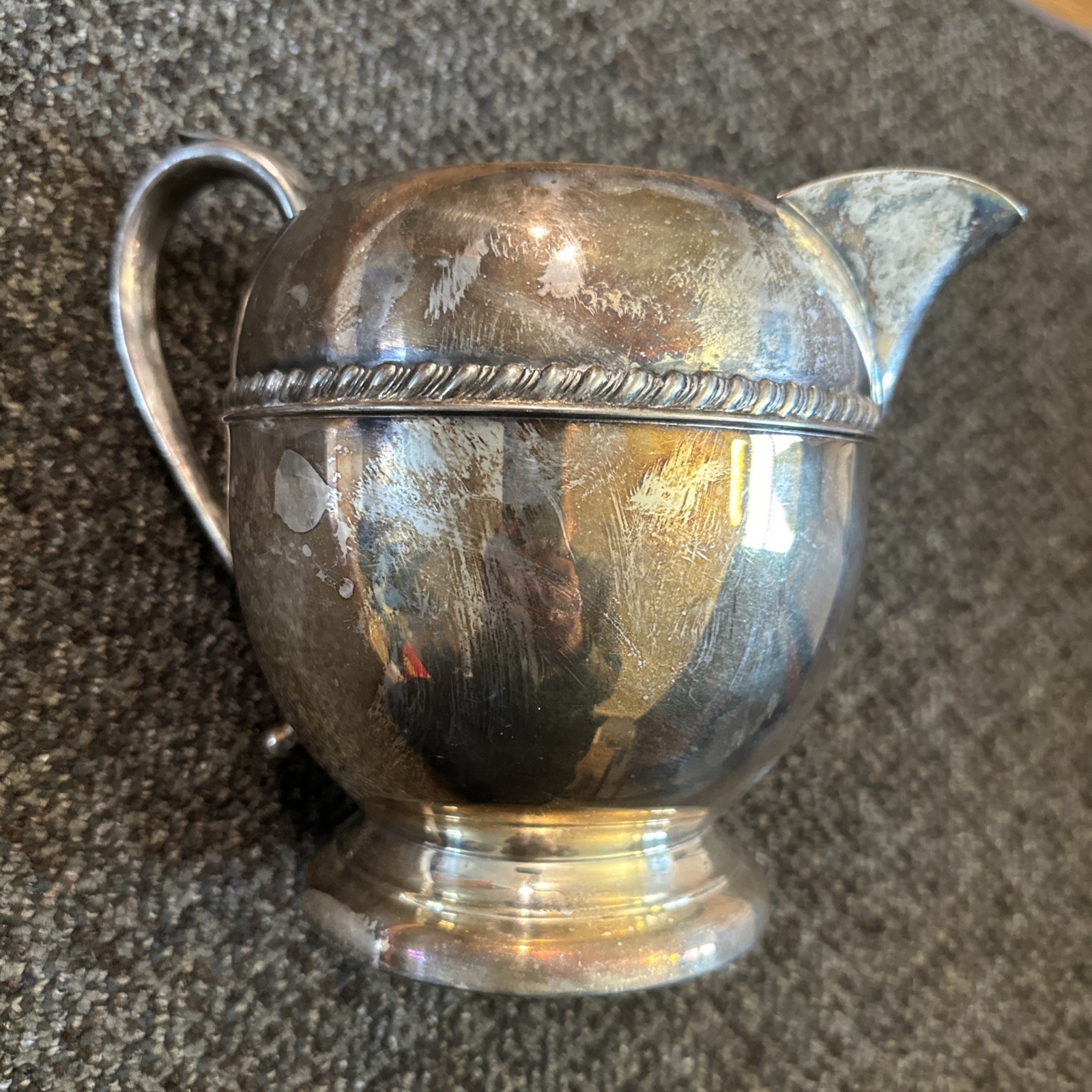 Vtg Sheridan Silver Silver On Copper Tin Water Pitcher 6.5″ w/Rope design