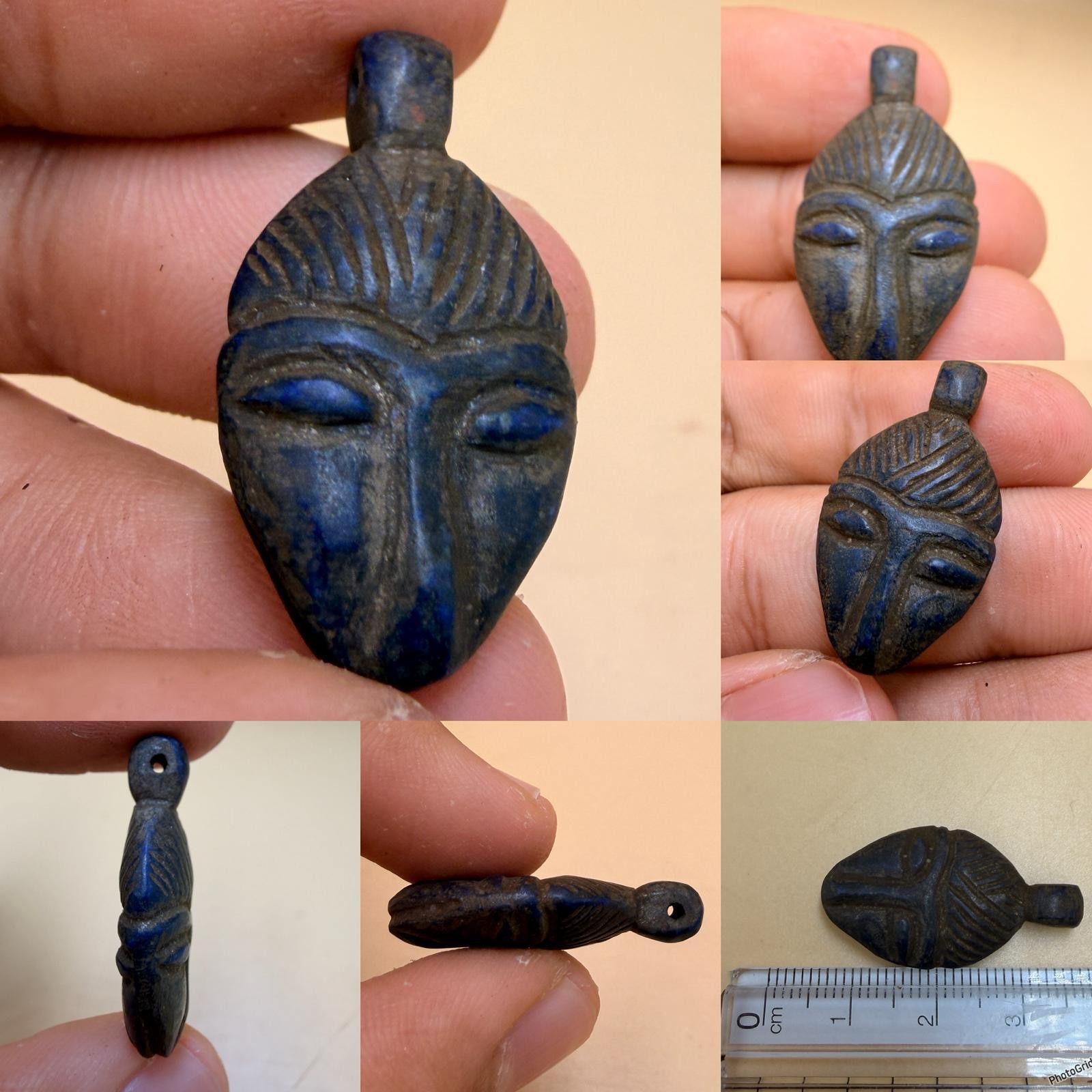 Near eastern Greek ancient lapis stone face carved amulet