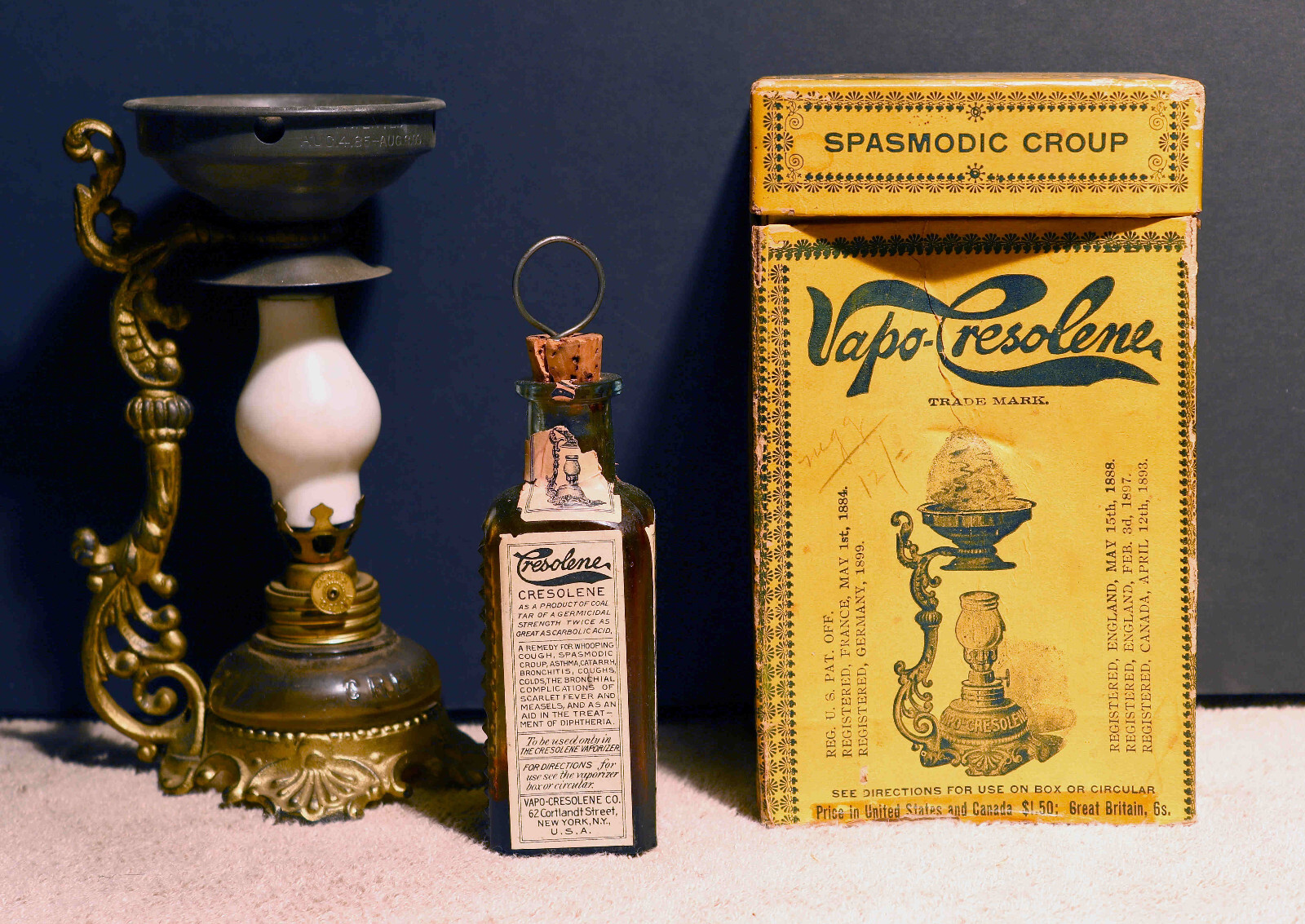 Antique 1910s NOS Vapo-Cresolene Kerosene Lamp Vaporizer Bottle Box All Parts