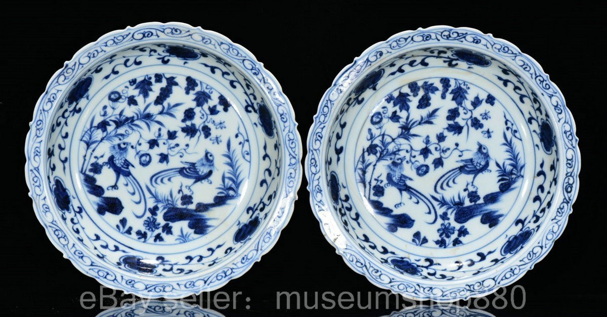 8.8″ Ming Xuande Chinese Blue White Porcelain Dynasty Flower Bird Tray disc Pair
