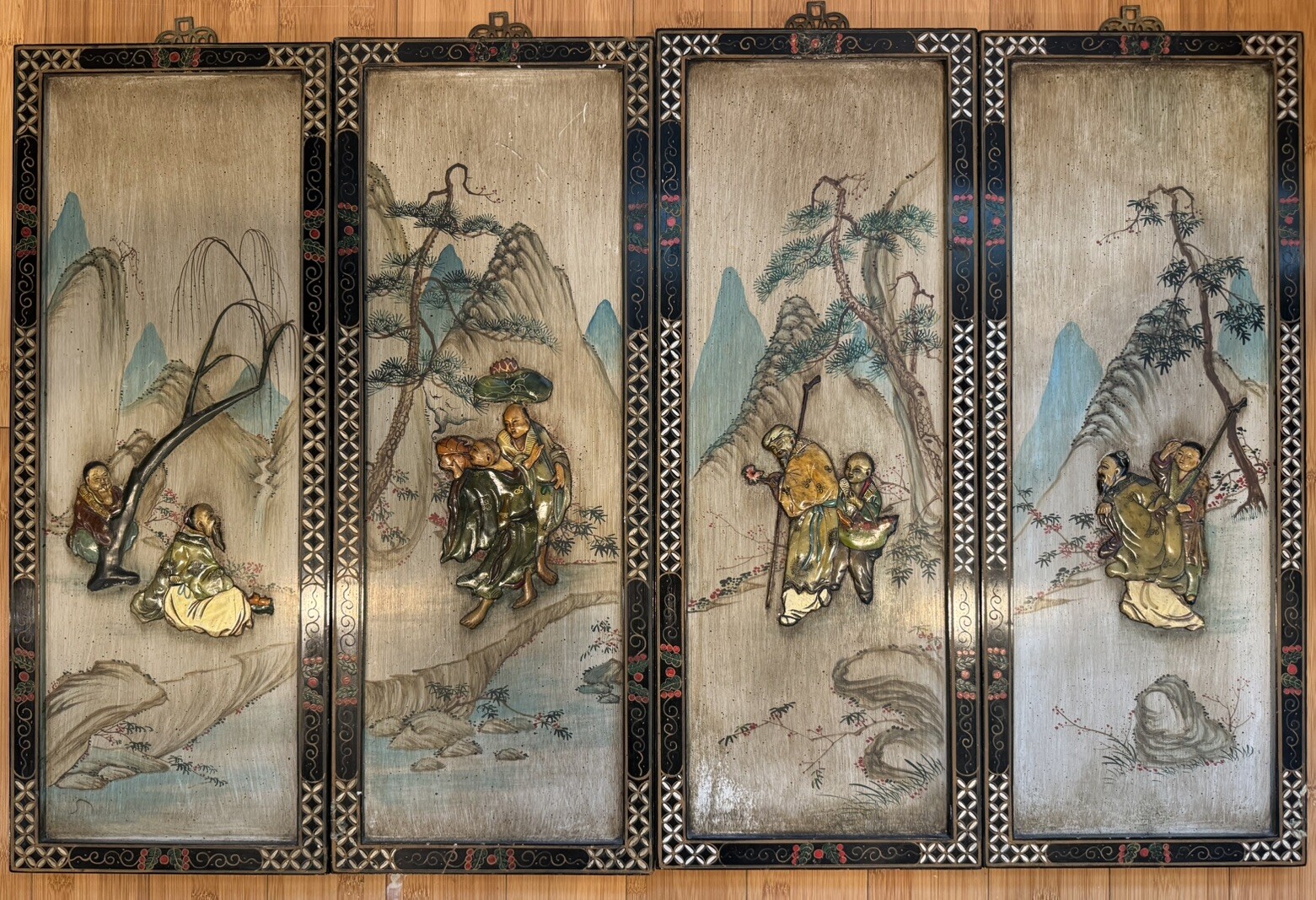 Vintage Chinese Carved And Painted Mother of Pearl Antique Wall Plaques