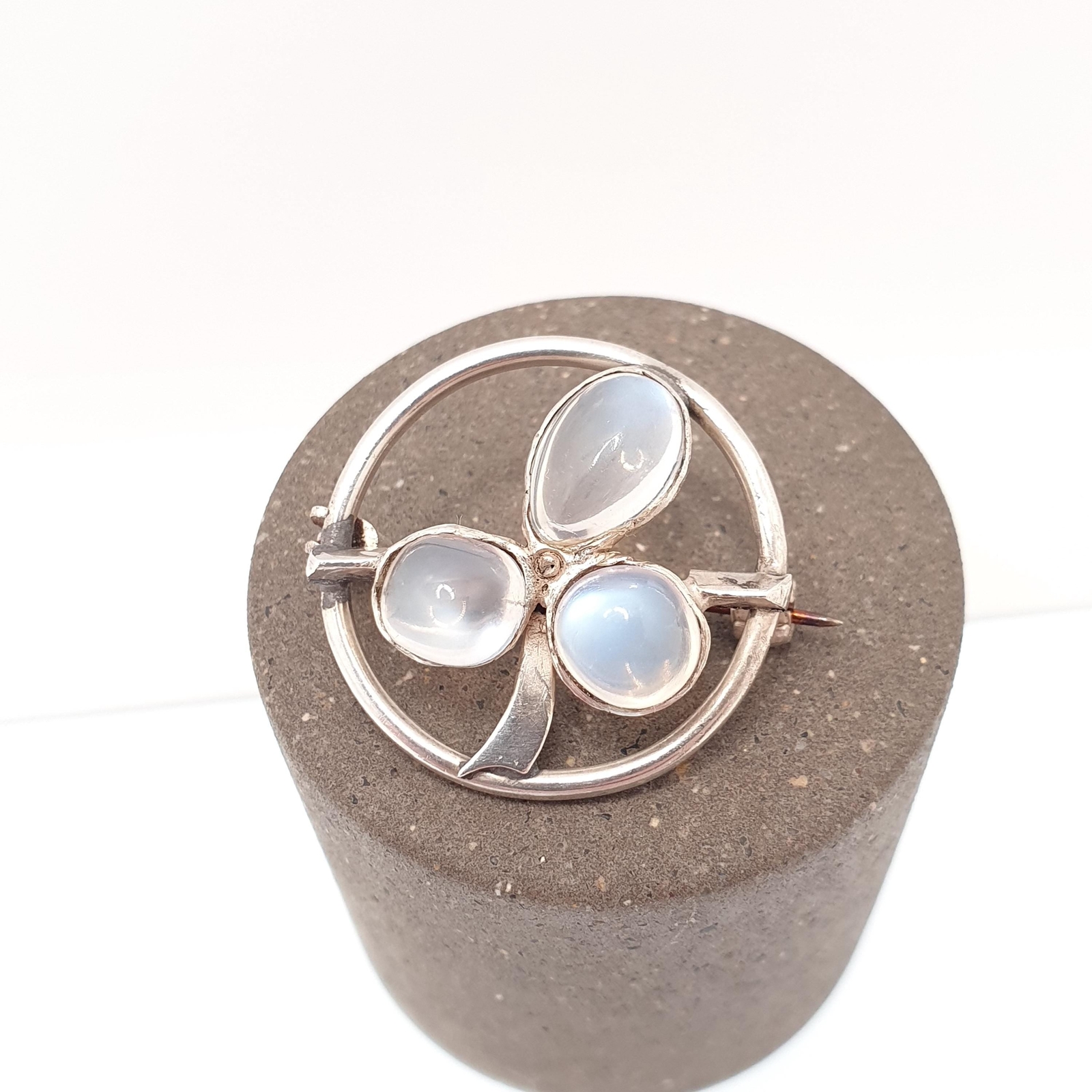 Antique Solid Silver Moonstone Clover Brooch Victorian Three Leaf Clover Irish