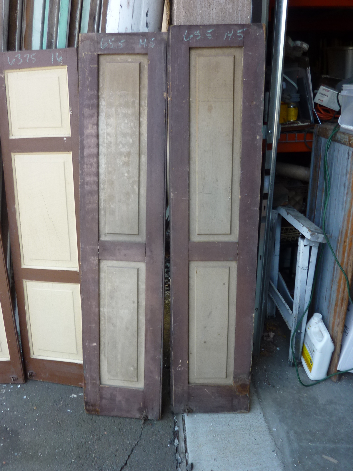 PaiR c1840-50 PANELED house shutters OLD hardware BROWN paint 65″ x 14″ x 1 1/8
