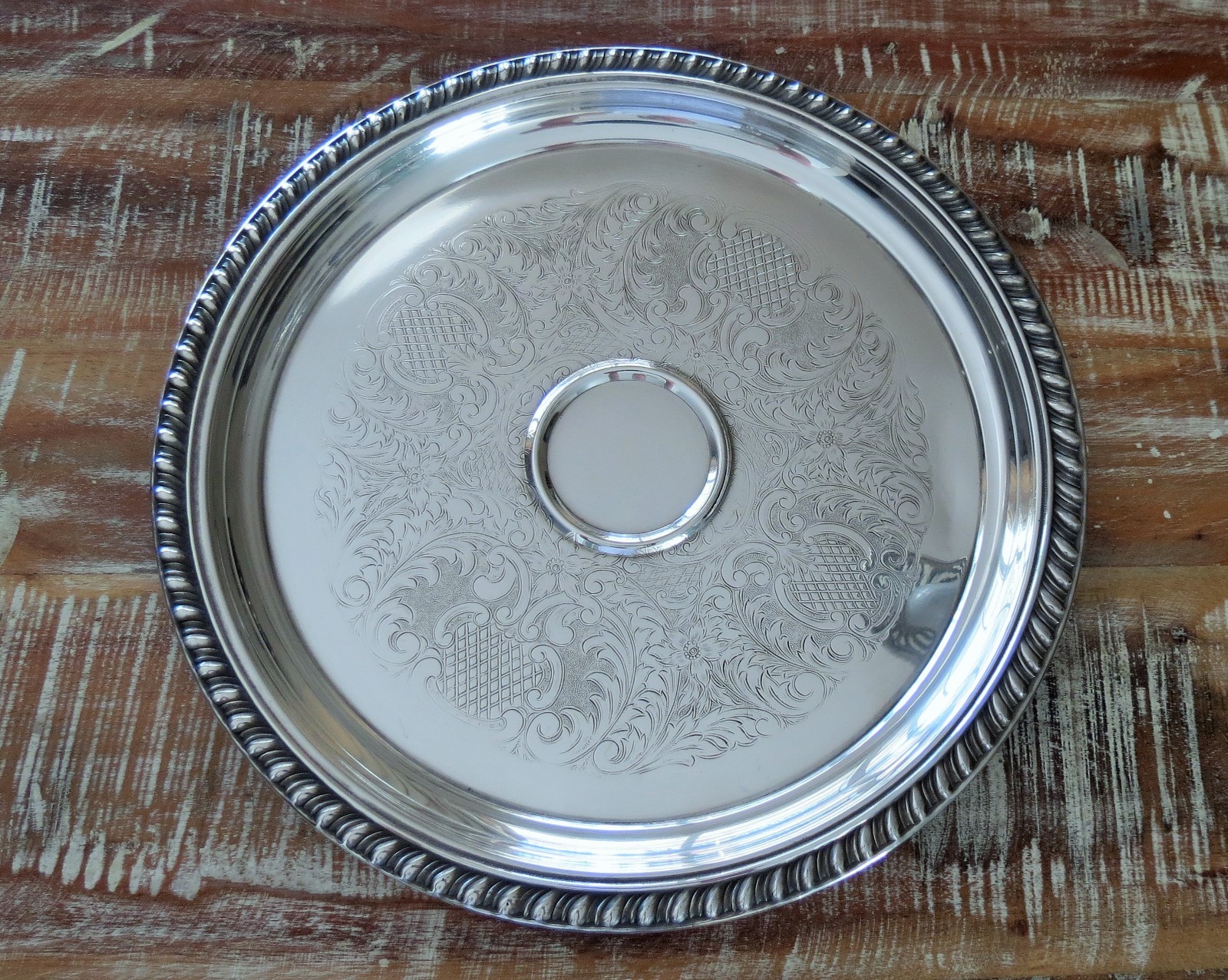 Vintage Original Unknown Brand Round Silver-plated Serving Tray / Platter