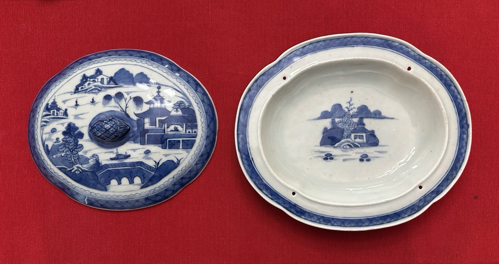 19th C. Chinese Export Blue and White Canton Porcelain Soup Bowl Serving Dish