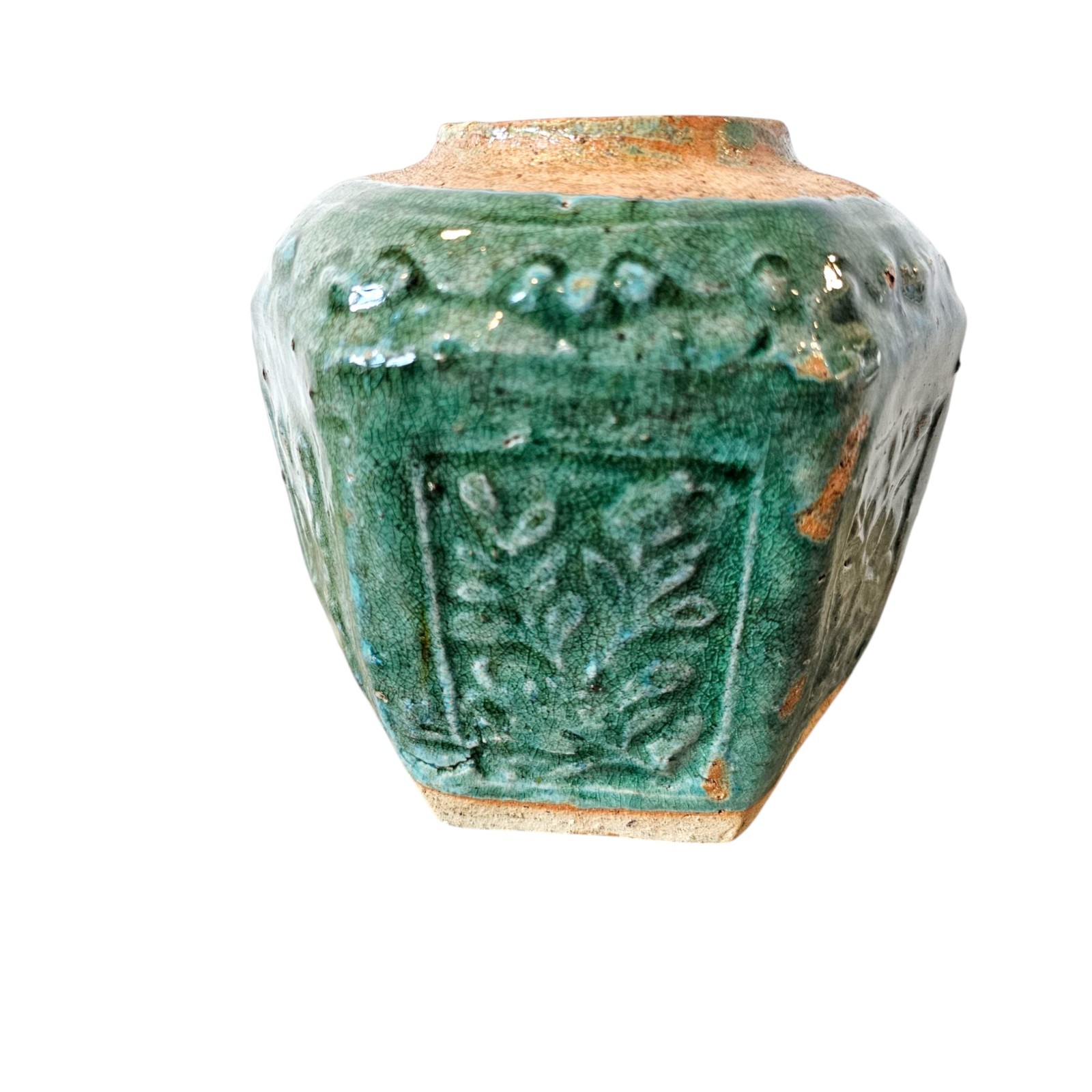 Antique Chinese Octagonal Pottery Ginger Jar Green Glaze Earthenware STAMPED
