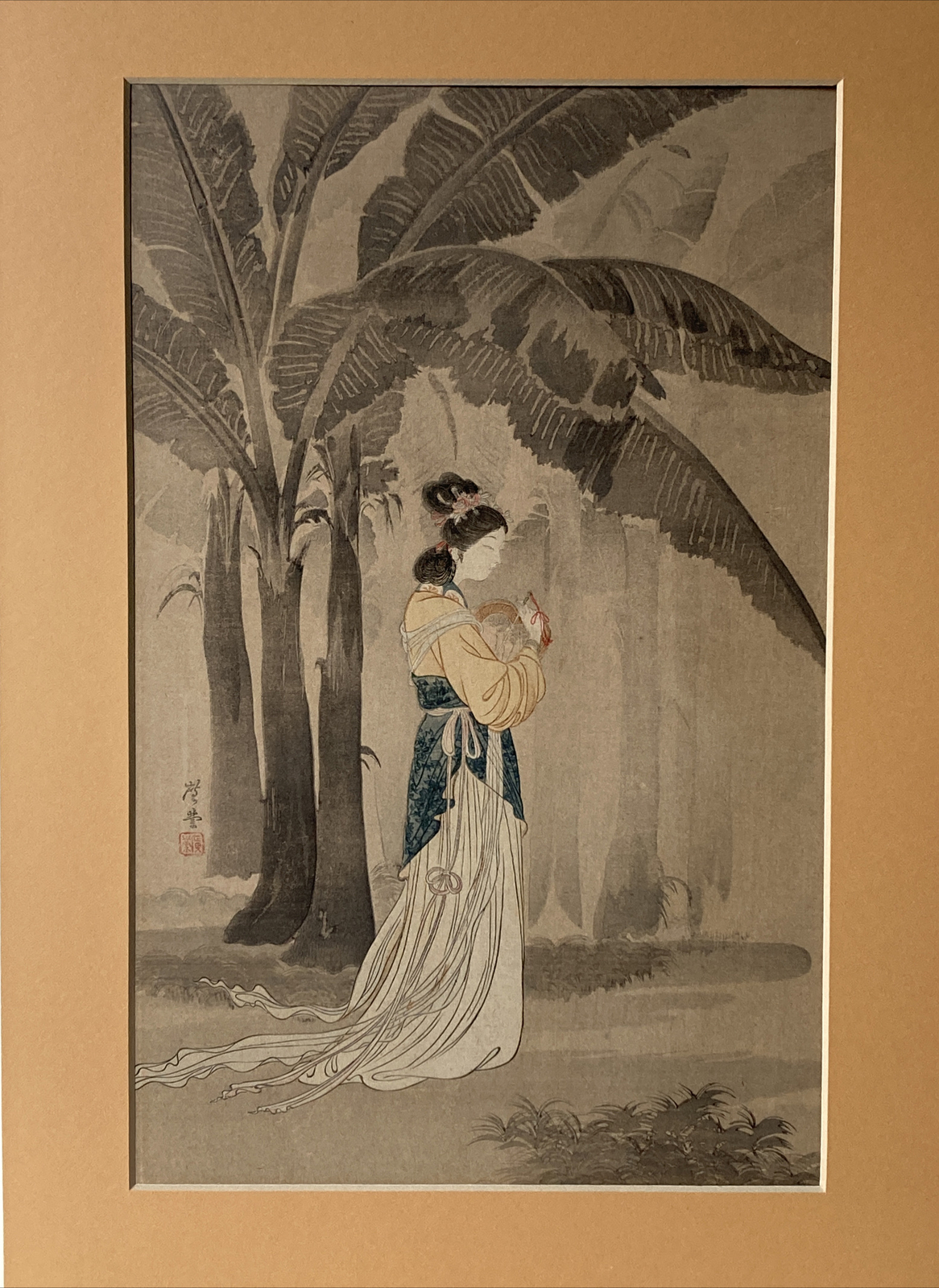 Japanese Woodblock Print With Geisha Under Palm Trees Signed