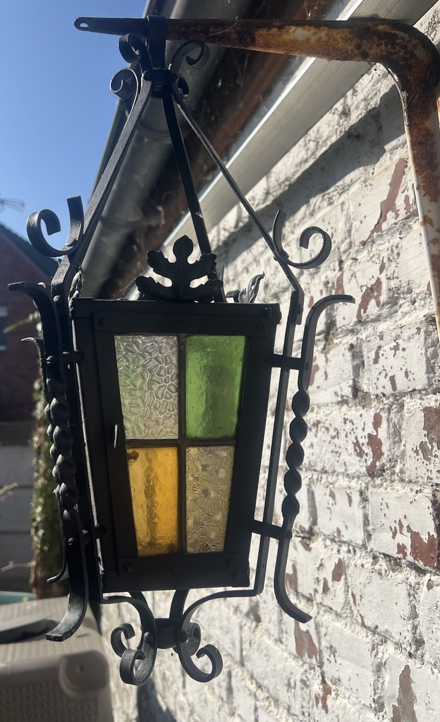 French Lantern Antique Pendant Light Fixture Porch Stained Glass Wrought Iron