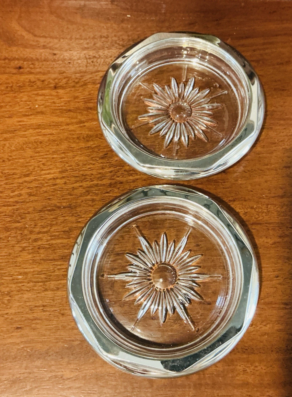 Vintage Octagonal Starburst Silver plate And Glass Coasters Set Of 2