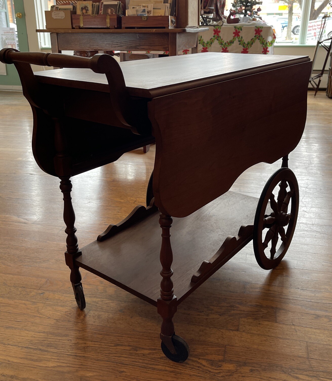 Antique Drop Leaf Table Server Tea Cart Bar Wood on Wheels w/ Handle