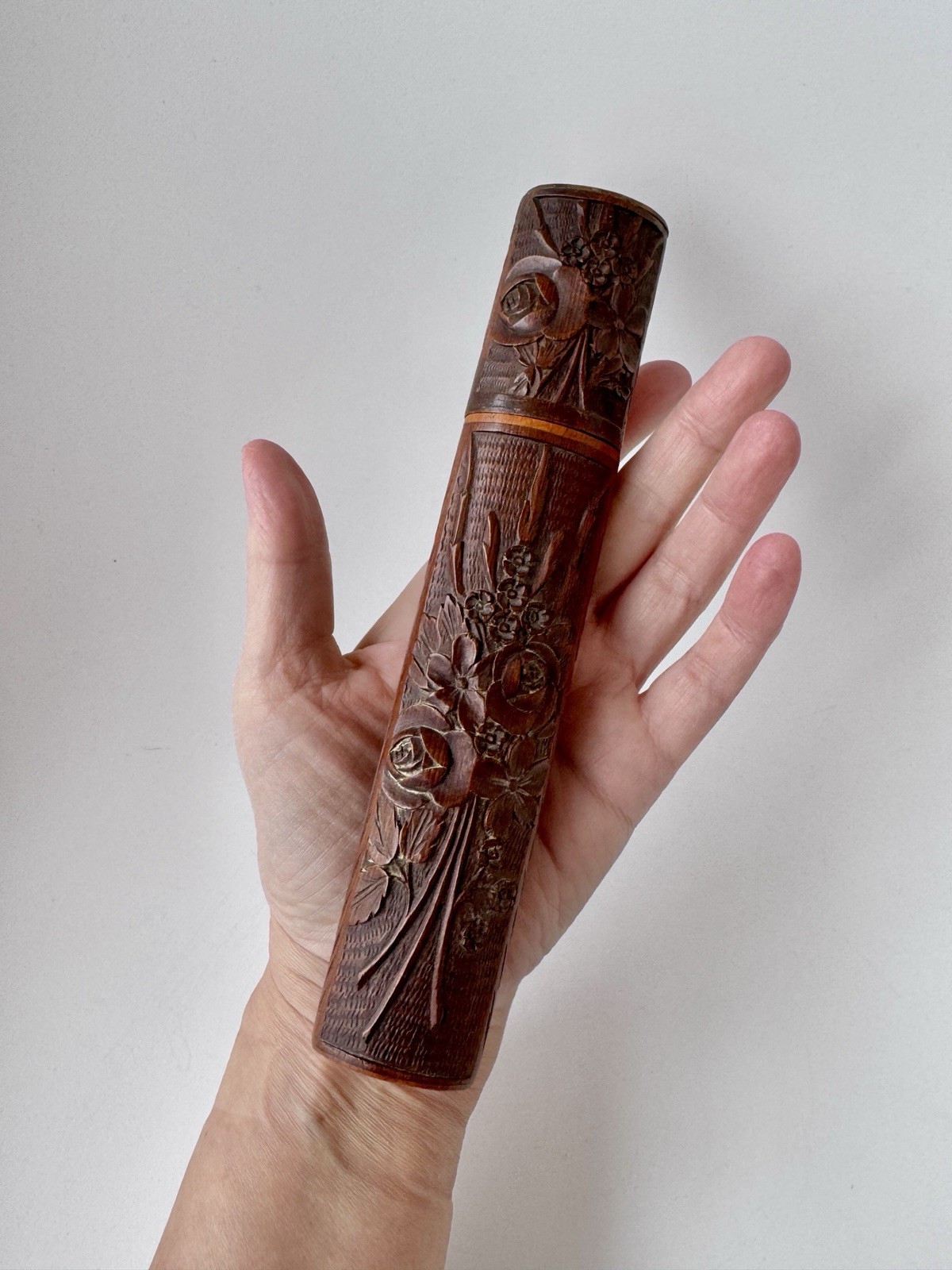 Vintage Swiss Carved Wooden Brush or Pencil Case