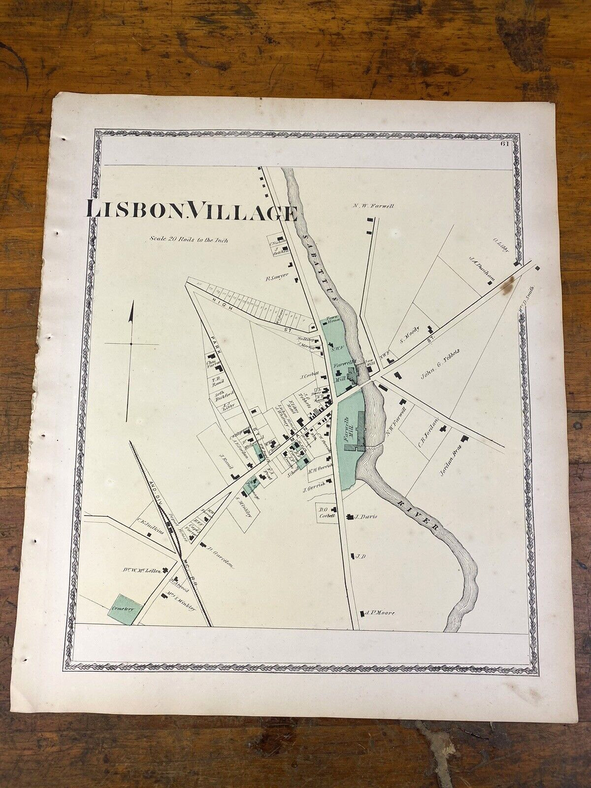 1873 LISBON VILLAGE, ME Colored Map w/ Property Owners, Publ Sanford Everts & Co