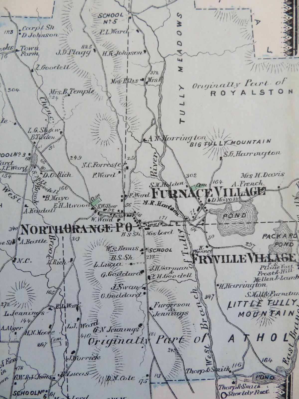 Orange Franklin County Massachusetts 1871 F.W. Beers detailed township map