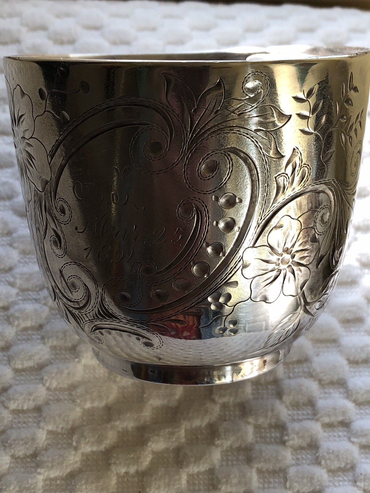 CHARMING VICTORIAN FLOWER MUSTACHE CUP SILVER PLATE MARCH 25,1894 mono