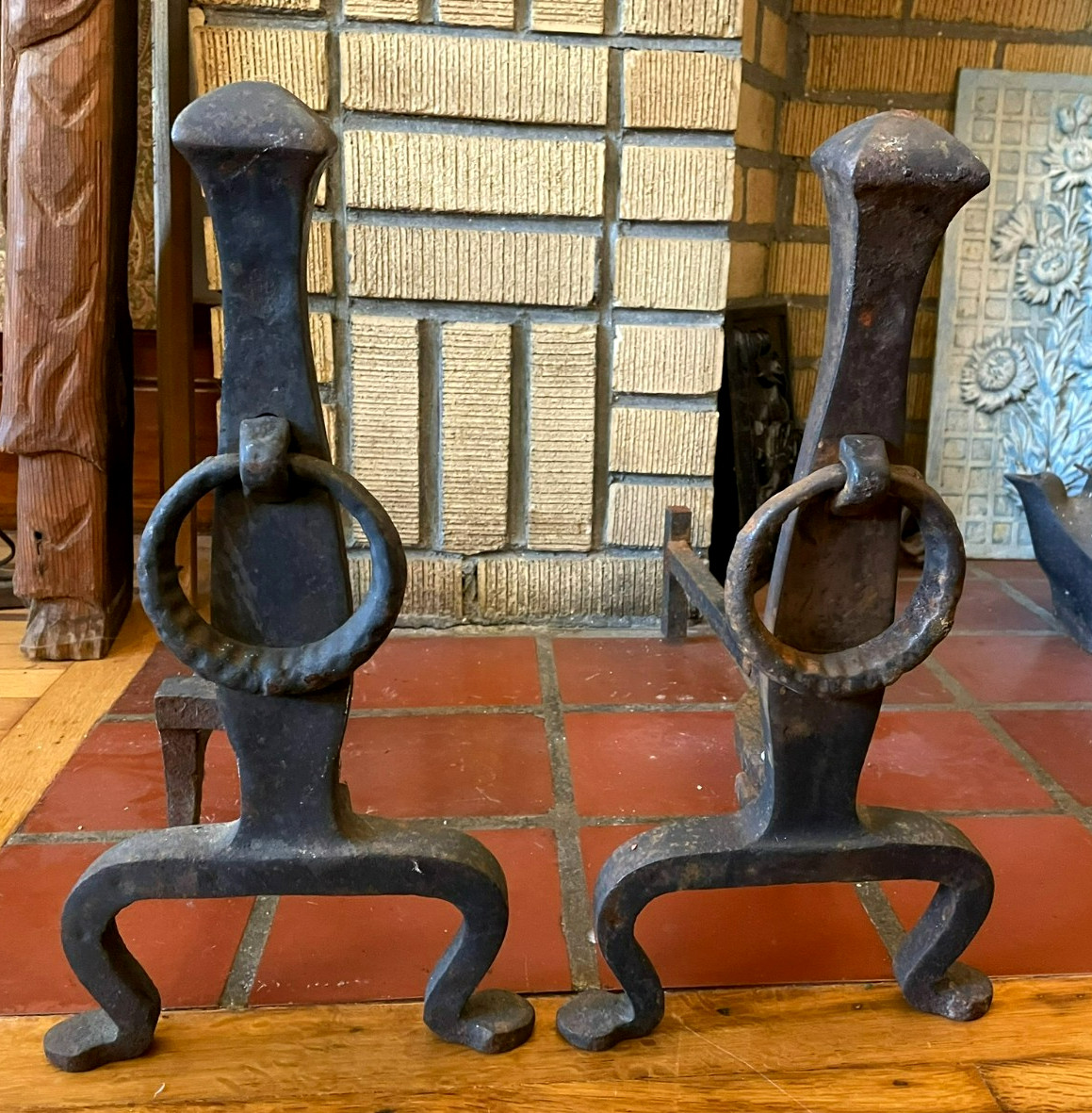 Antique 19th century Hand Forged Andirons Primitive Farmhouse Early American